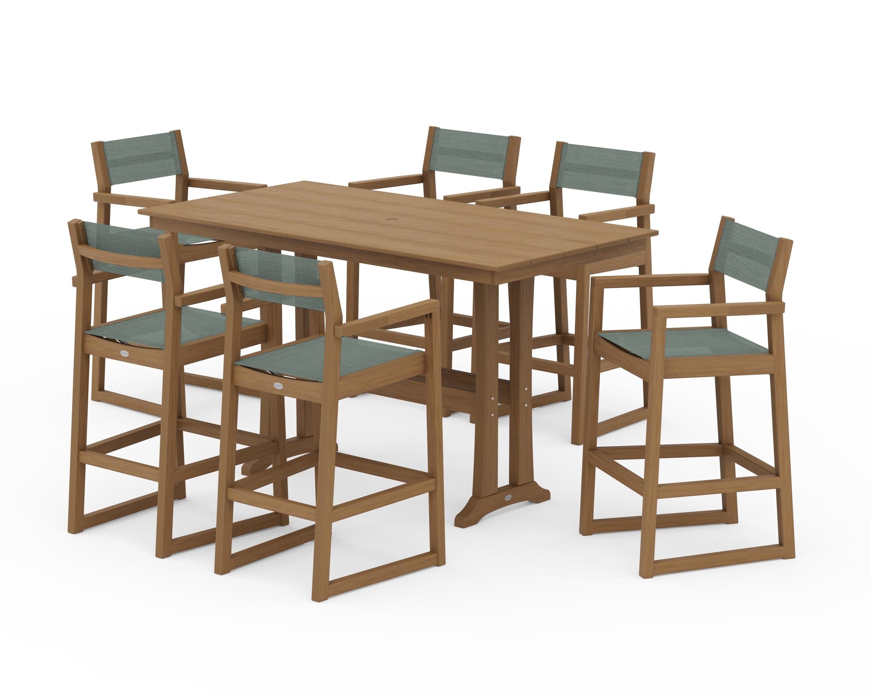 POLYWOOD EDGE Sling Arm Chair 7-Piece Farmhouse Bar Set with Trestle Legs in Natural / Dupioni Sea Mist Sling