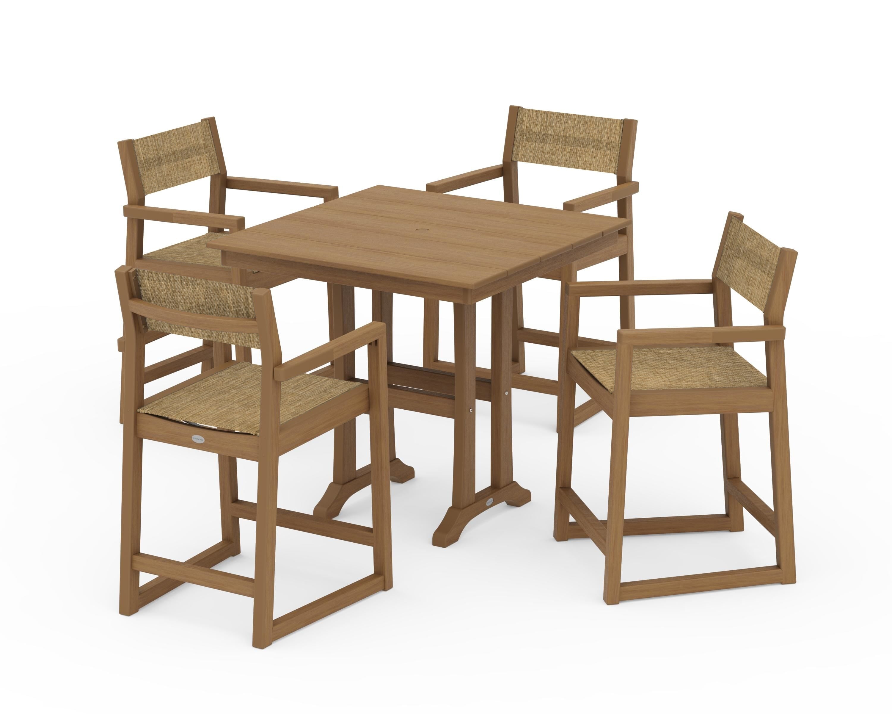 POLYWOOD EDGE Sling Arm Chair 5-Piece Farmhouse Counter Set with Trestle Legs in Natural / Burlap Sling