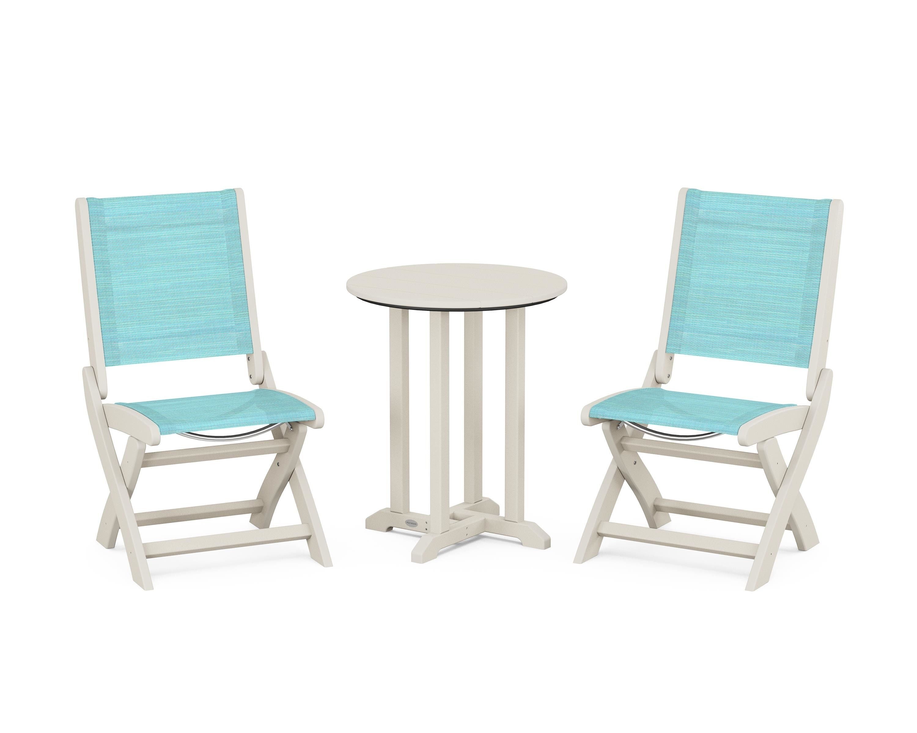 POLYWOOD Coastal Folding Side Chair 3-Piece Round Bistro Dining Set in Sand / Dupioni Aquamarine Sling