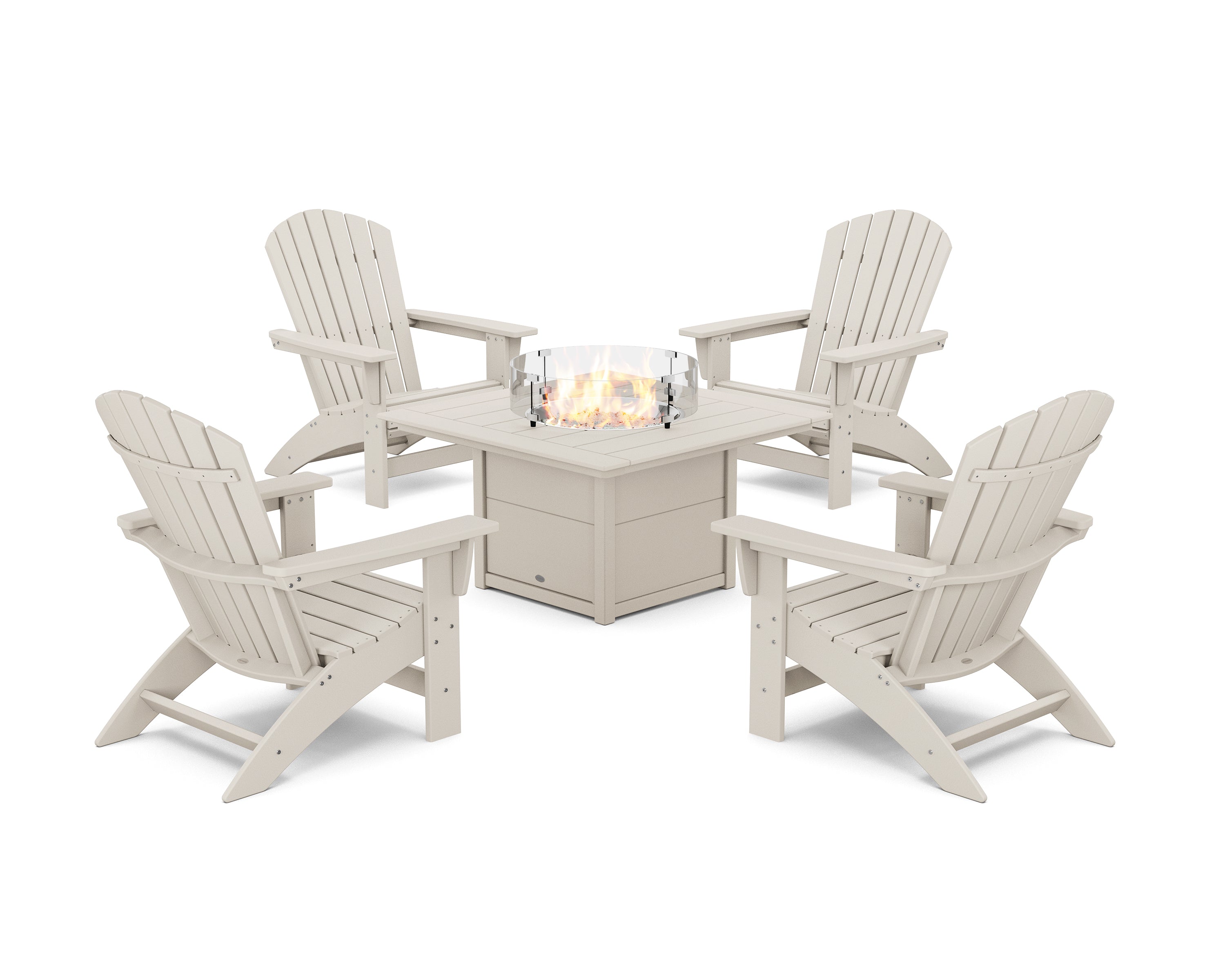 POLYWOOD 5-Piece Nautical Grand Adirondack Conversation Set with Fire Pit Table in Sand