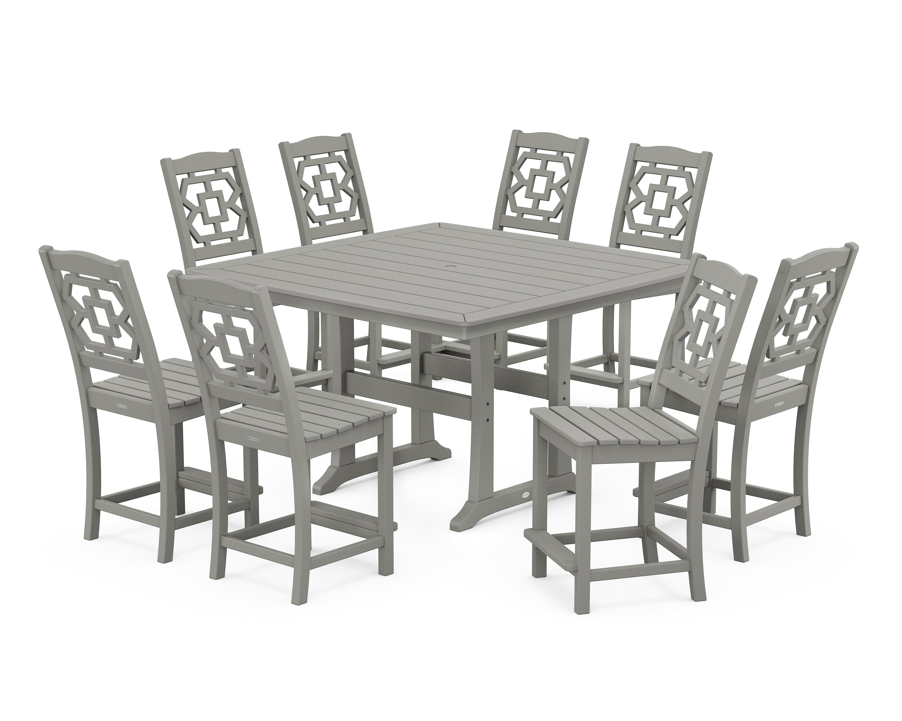 Martha Stewart by POLYWOOD® Chinoiserie 9-Piece Square Side Chair Counter Set with Trestle Legs in Slate Grey