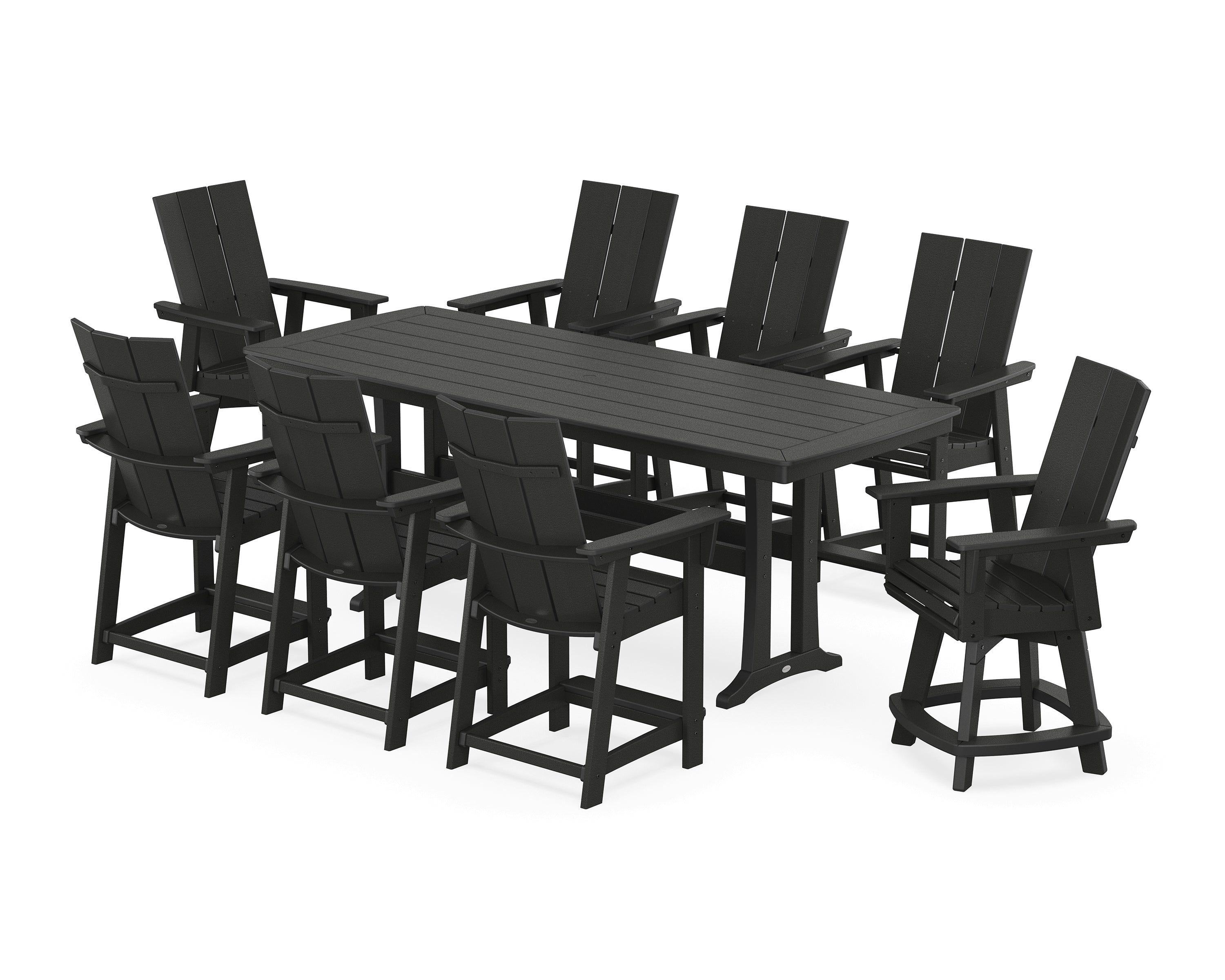 POLYWOOD® Modern Curveback Adirondack Swivel 9-Piece Counter Set with Trestle Legs in Black