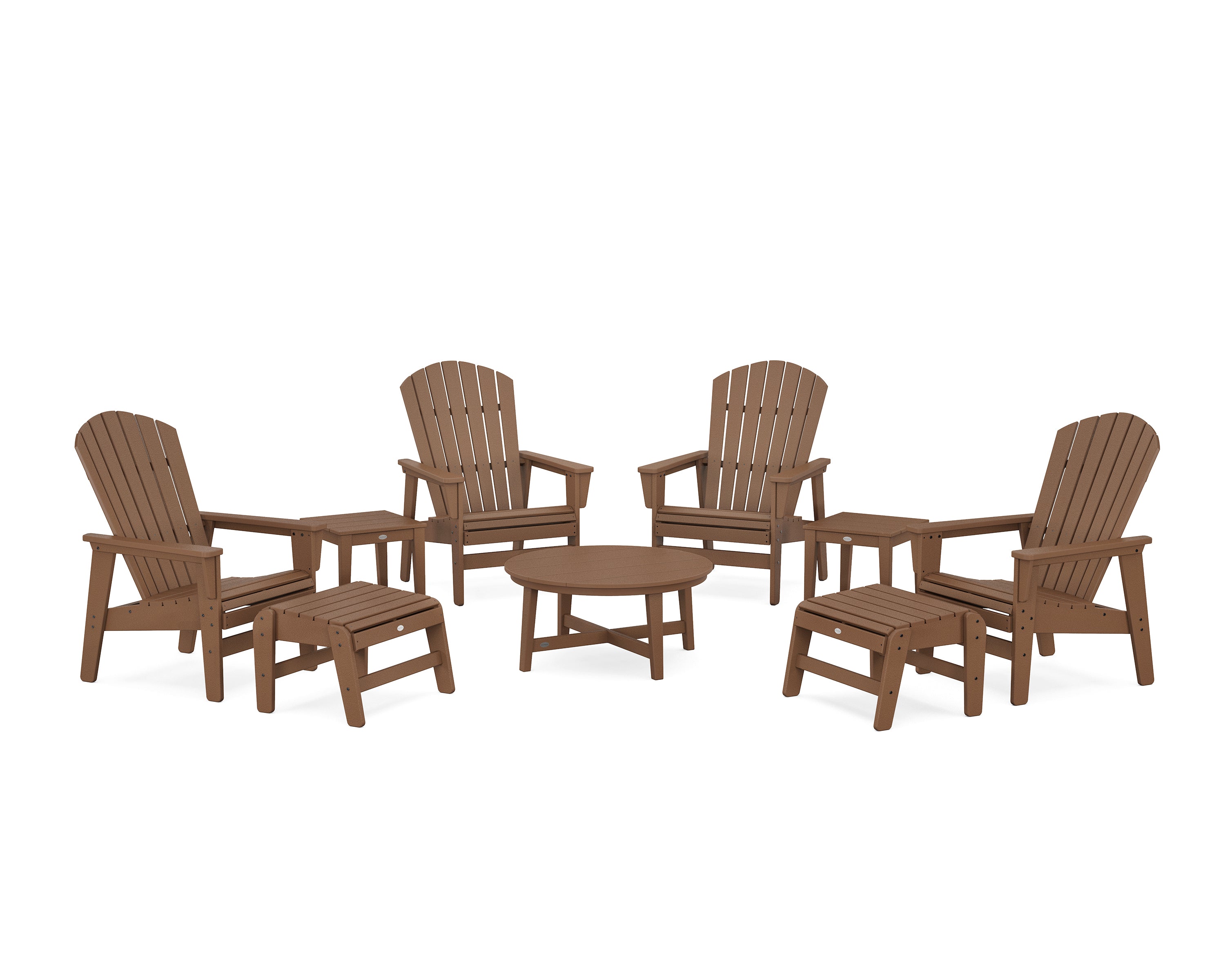 POLYWOOD® Nautical Grand Upright Adirondack 9-Piece Conversation Set in Teak