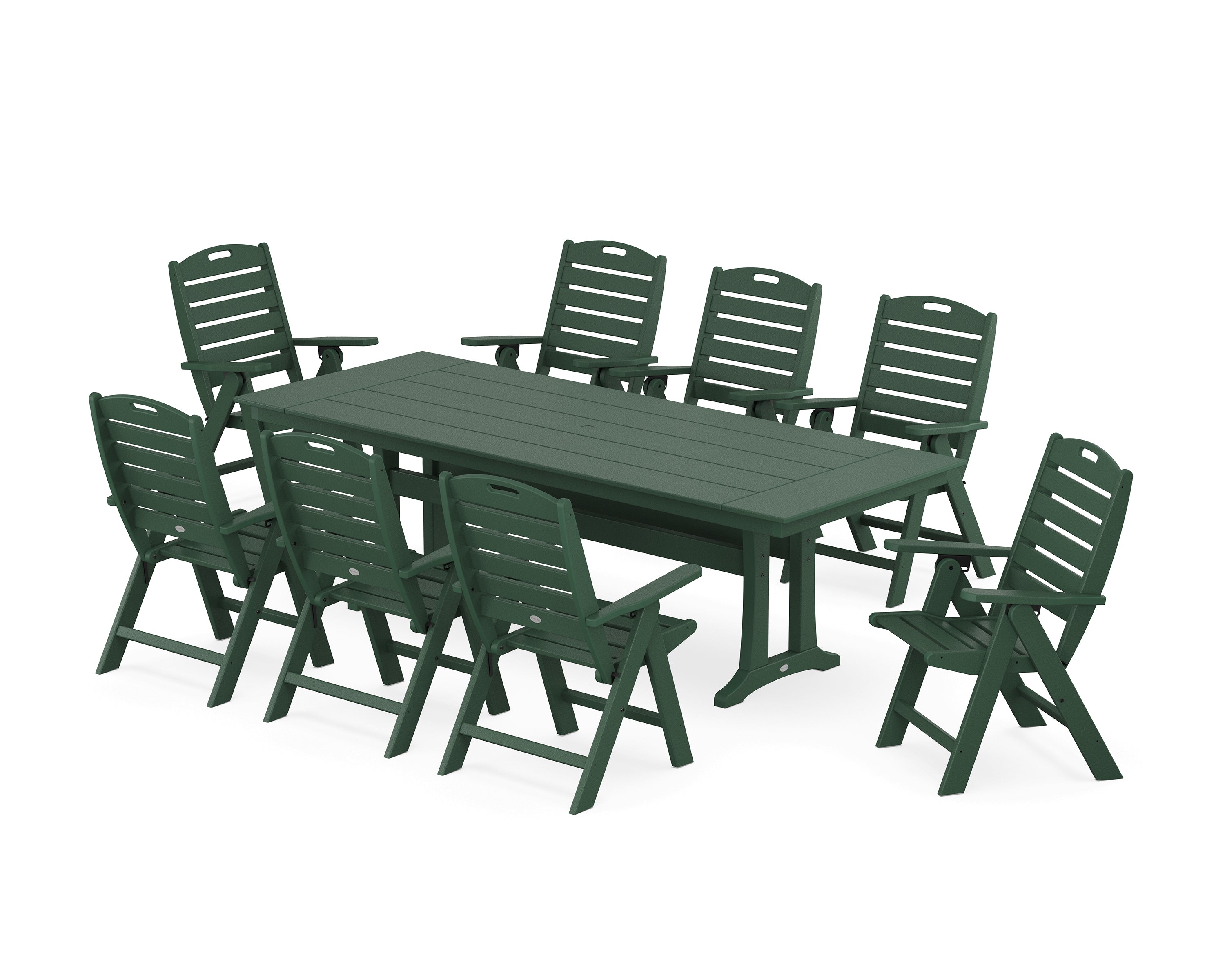 POLYWOOD Nautical Highback 9-Piece Farmhouse Dining Set with Trestle Legs in Green