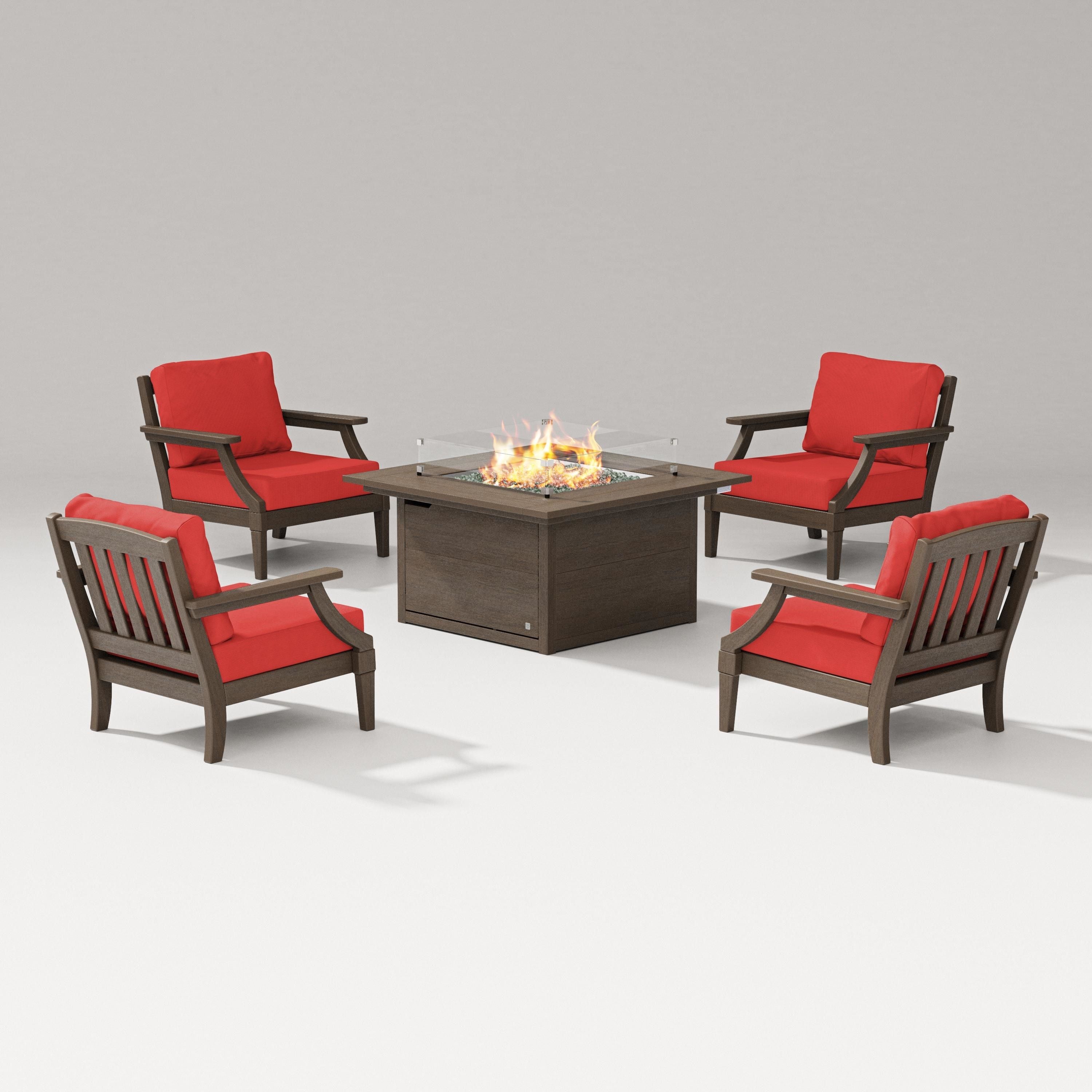 PW Designer Series Estate 5-Piece Lounge Fire Table Set in Kona / Crimson Linen