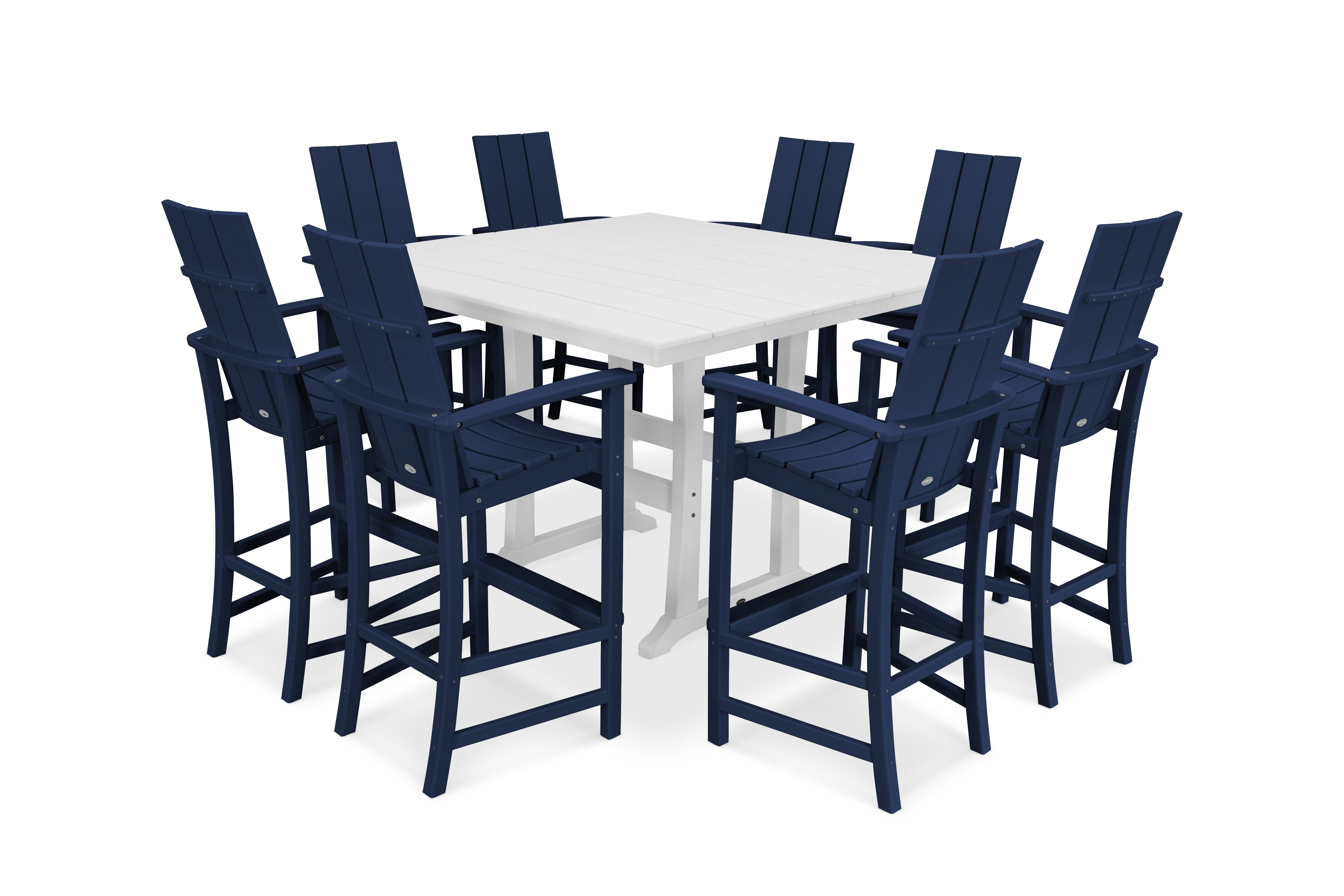 POLYWOOD® Modern Adirondack 9-Piece Farmhouse Trestle Bar Set in Navy / White
