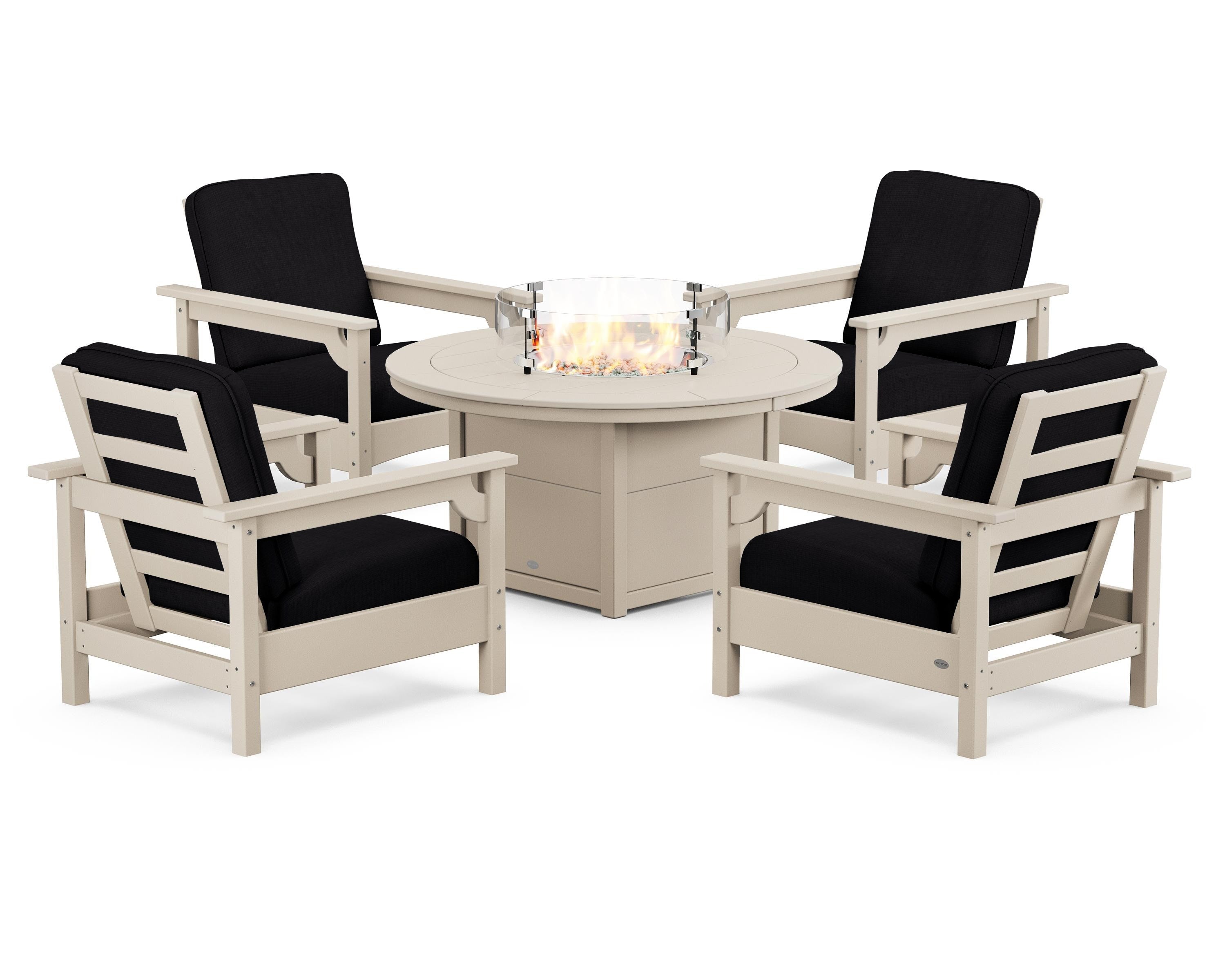 POLYWOOD Club 5-Piece Conversation Set with Fire Pit Table in Sand / Midnight Linen