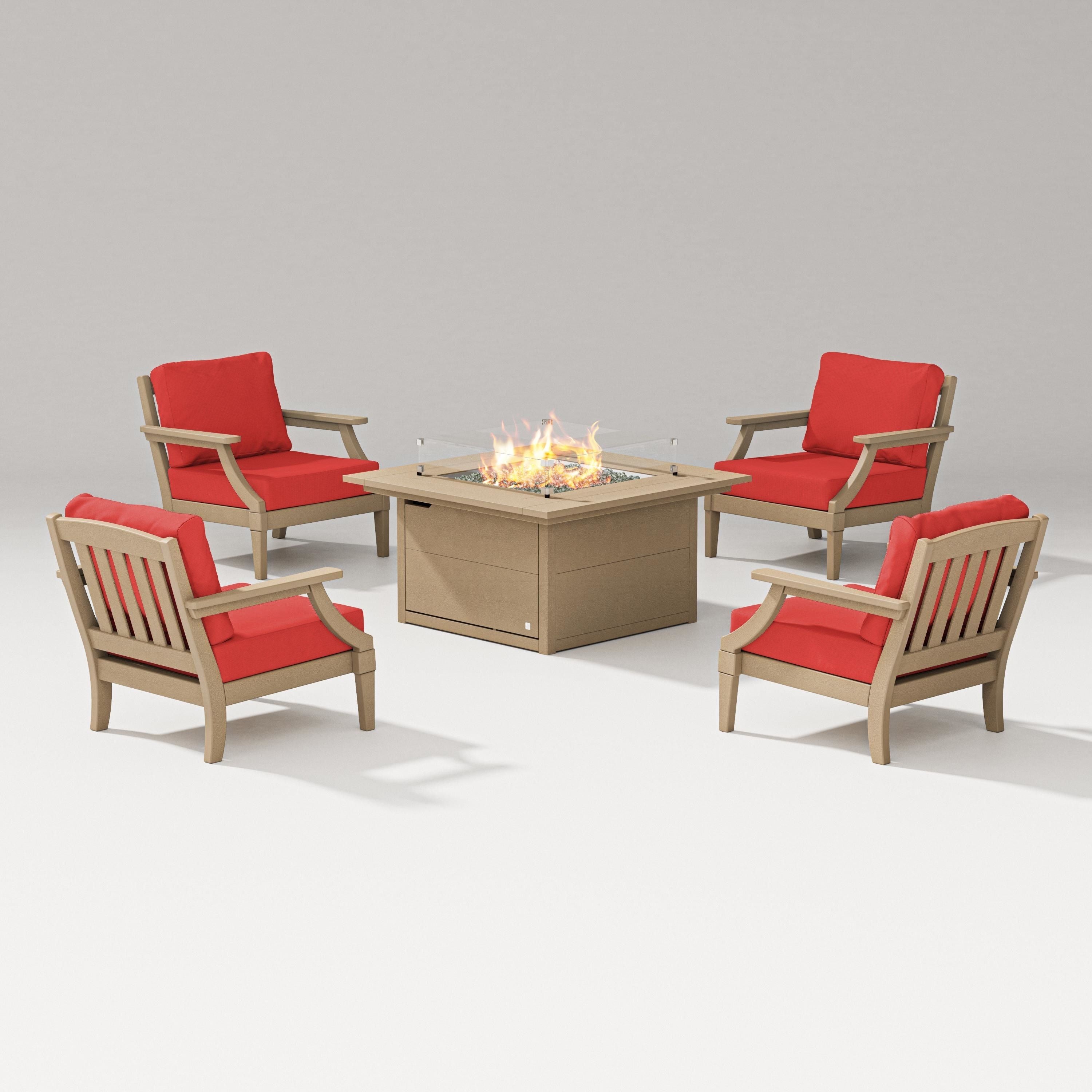 PW Designer Series Estate 5-Piece Lounge Fire Table Set in Vintage Sahara / Crimson Linen