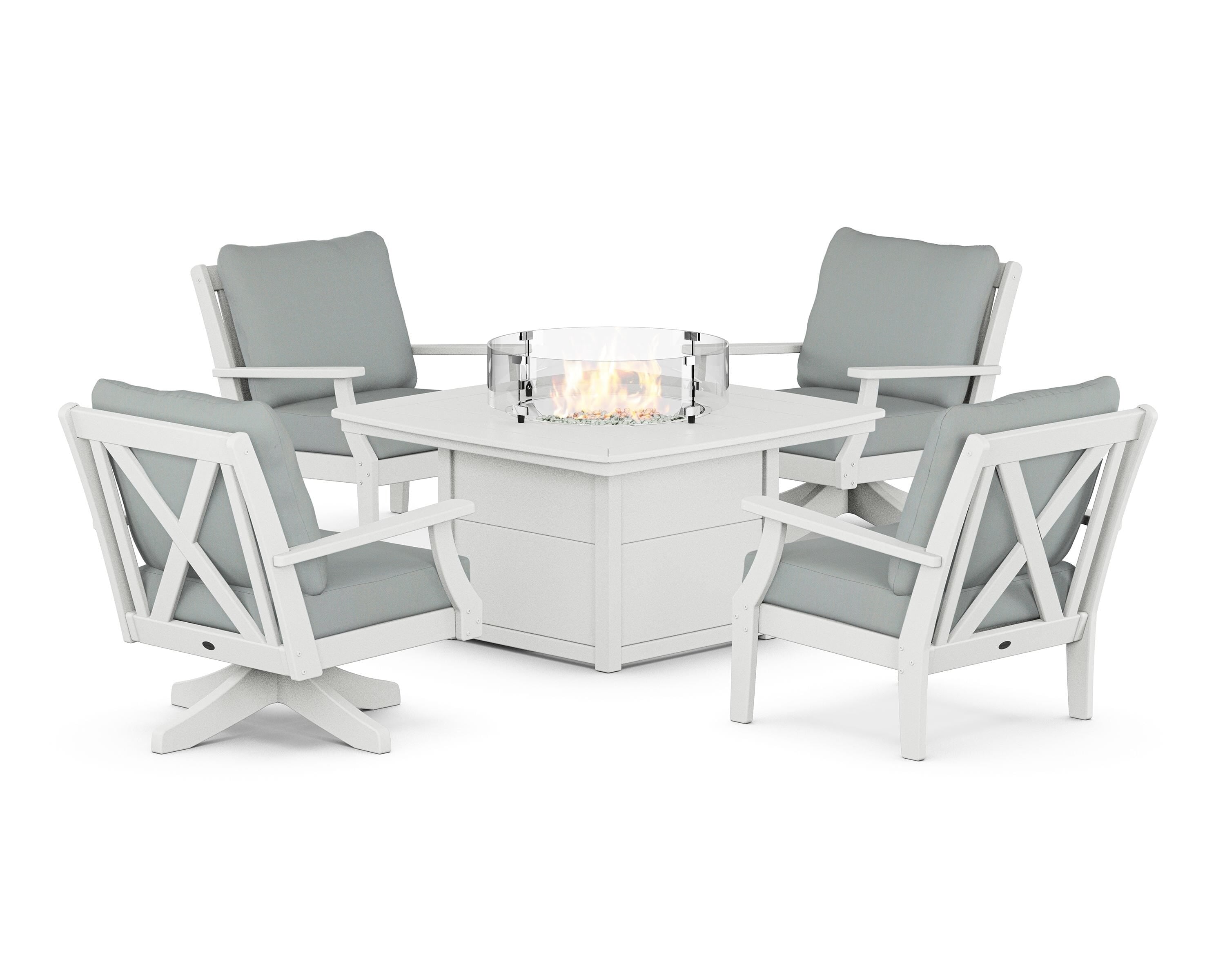 POLYWOOD Braxton 5-Piece Deep Seating Set with Fire Table in White / Spa