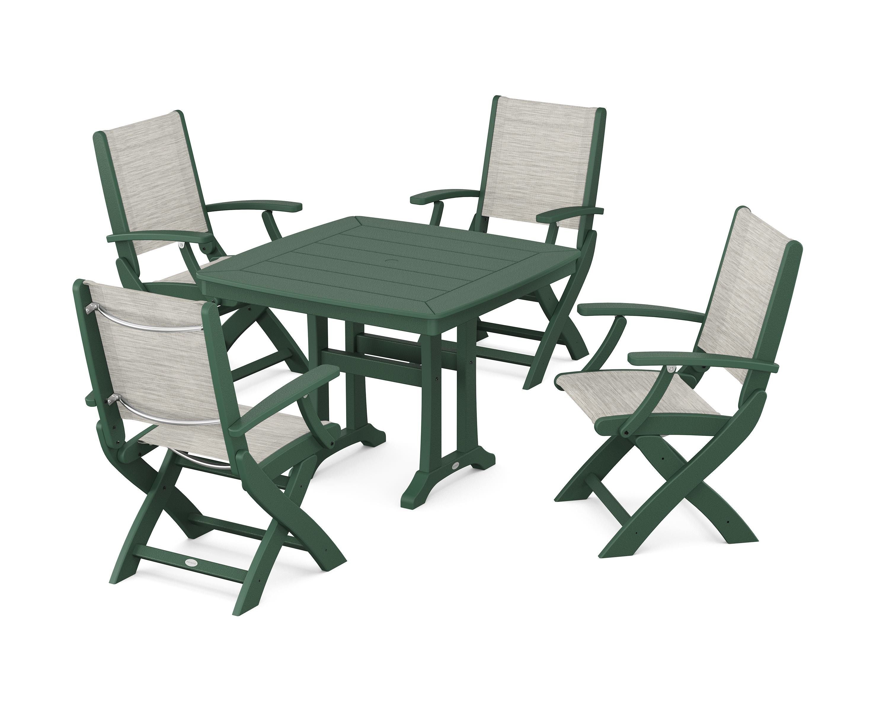 POLYWOOD Coastal Folding Chair 5-Piece Dining Set with Trestle Legs in Green / Birch Sling