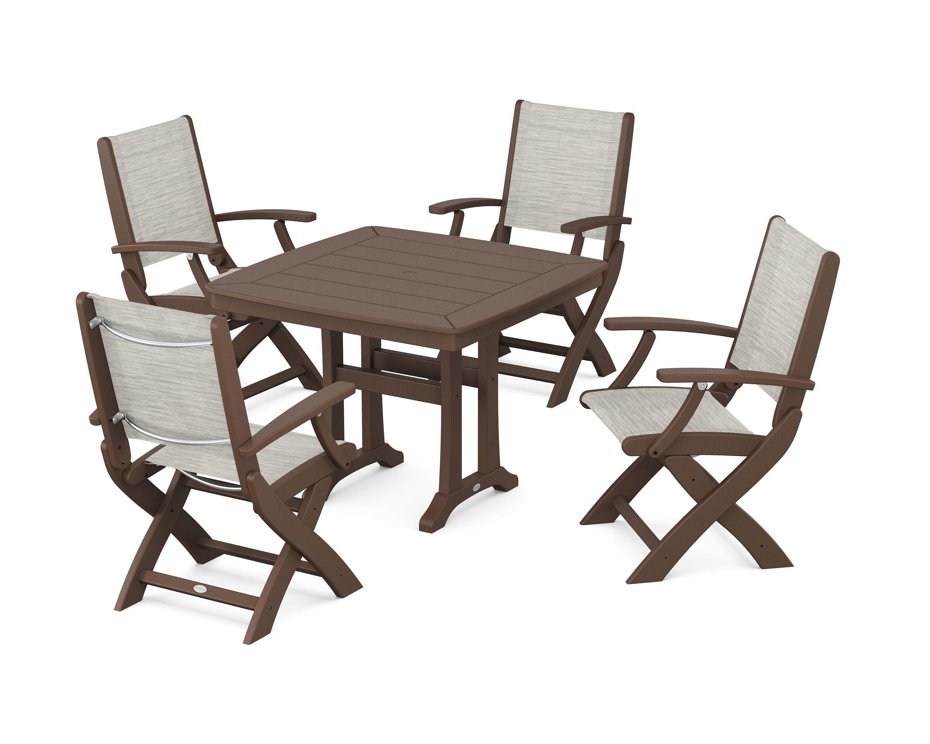 POLYWOOD Coastal Folding Chair 5-Piece Dining Set with Trestle Legs in Mahogany / Birch Sling