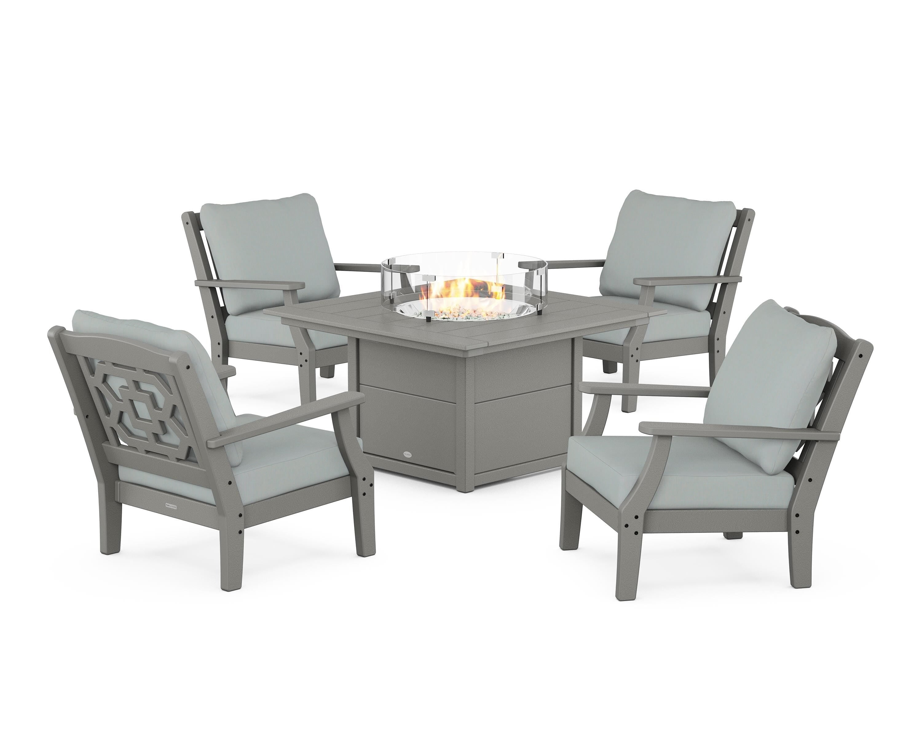 Martha Stewart by POLYWOOD Chinoiserie 5-Piece Deep Seating Set with Fire Pit Table in Slate Grey / Spa