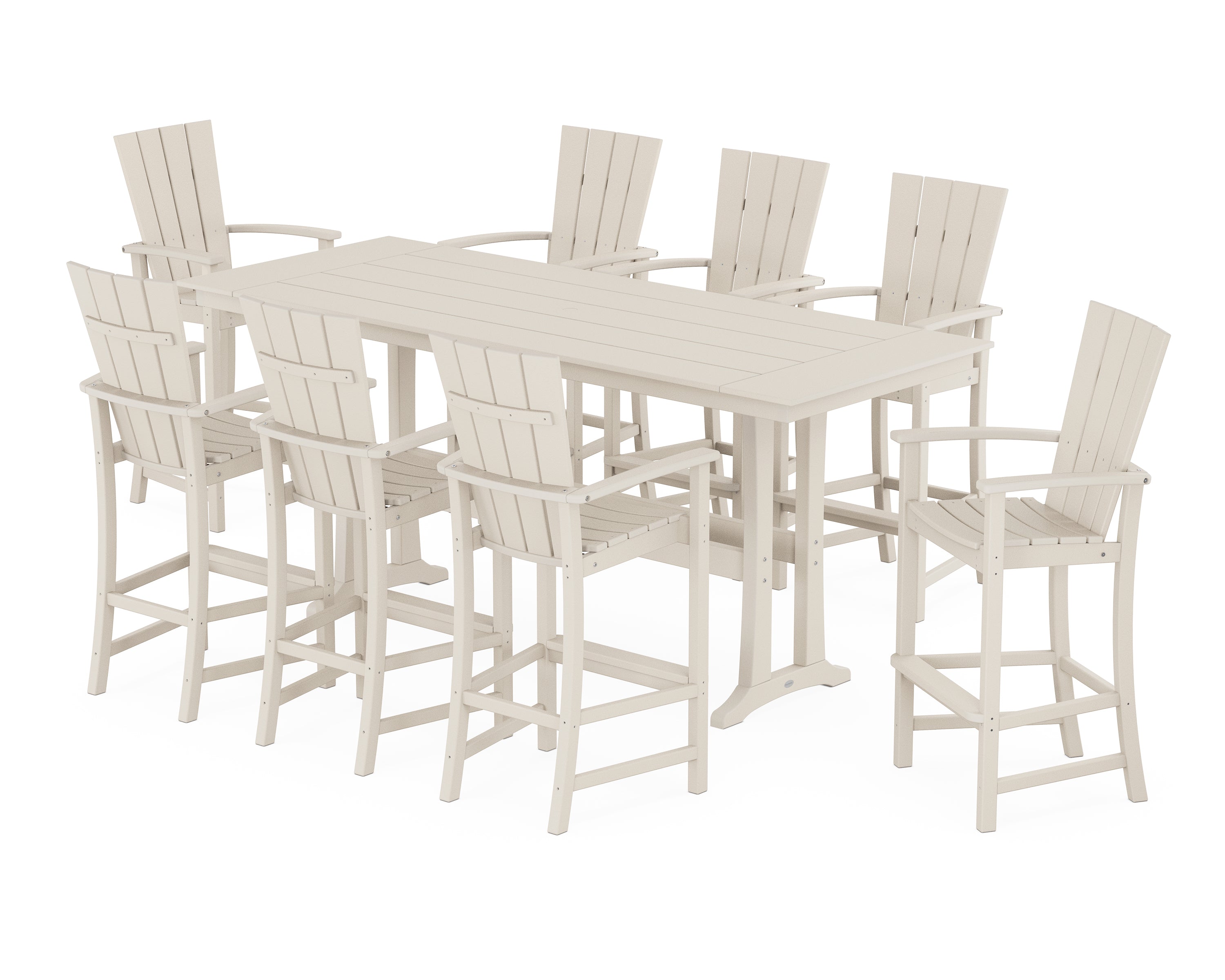 POLYWOOD Quattro Adirondack 9-Piece Farmhouse Bar Set with Trestle Legs in Sand