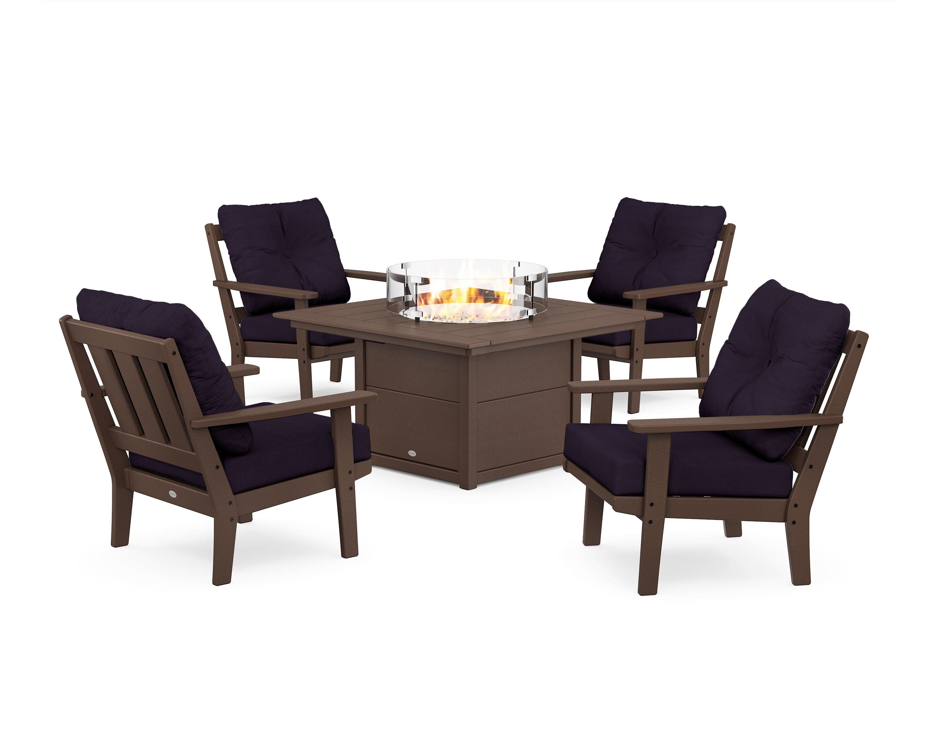 POLYWOOD Oxford 5-Piece Deep Seating Set with Fire Pit Table in Mahogany / Navy Linen