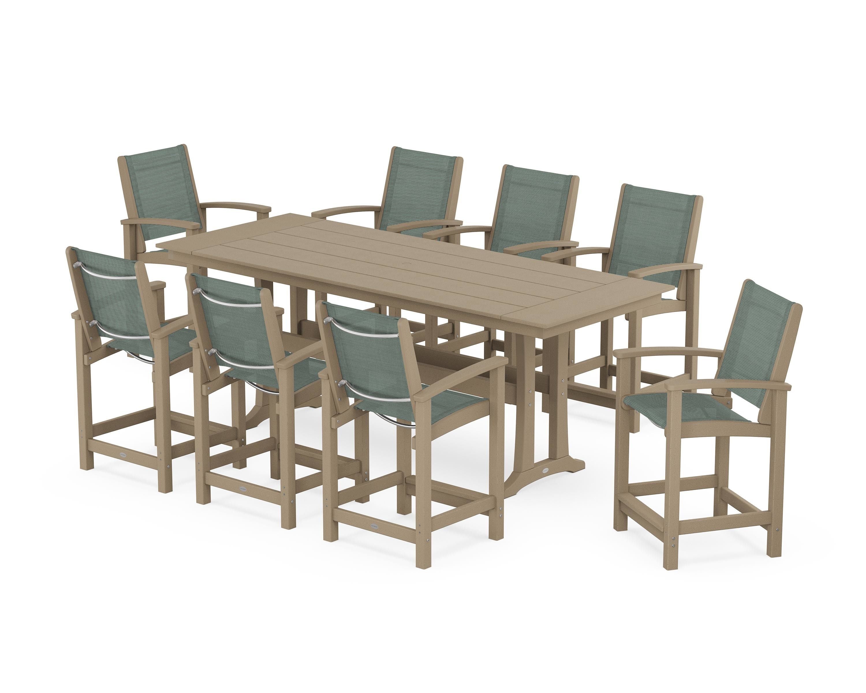 POLYWOOD Coastal 9-Piece Farmhouse Counter Set with Trestle Legs in Vintage Sahara / Dupioni Sea Mist Sling