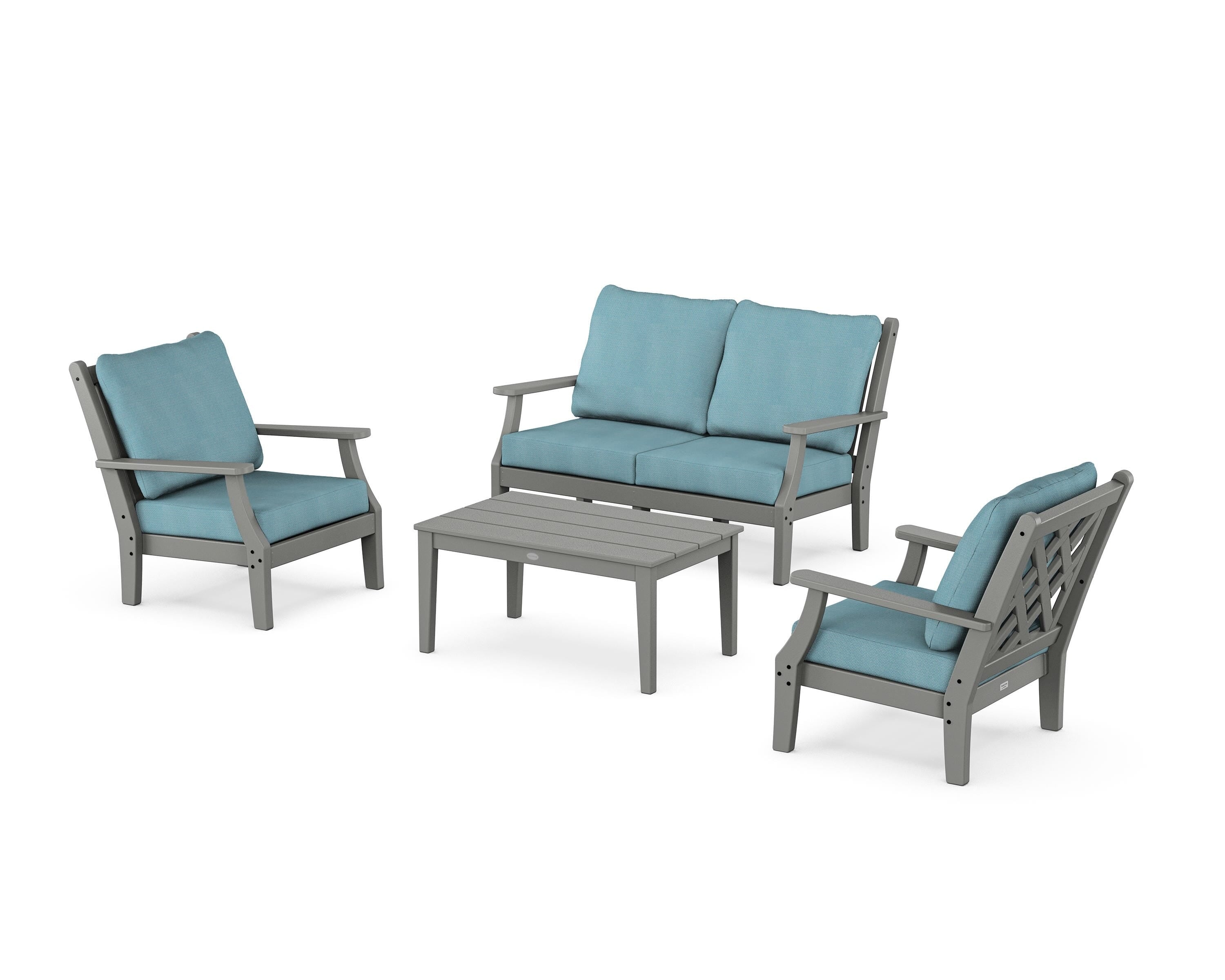 Country Living Wovendale 4-Piece Deep Seating Set with Loveseat in Slate Grey / Lattice Sky Blue