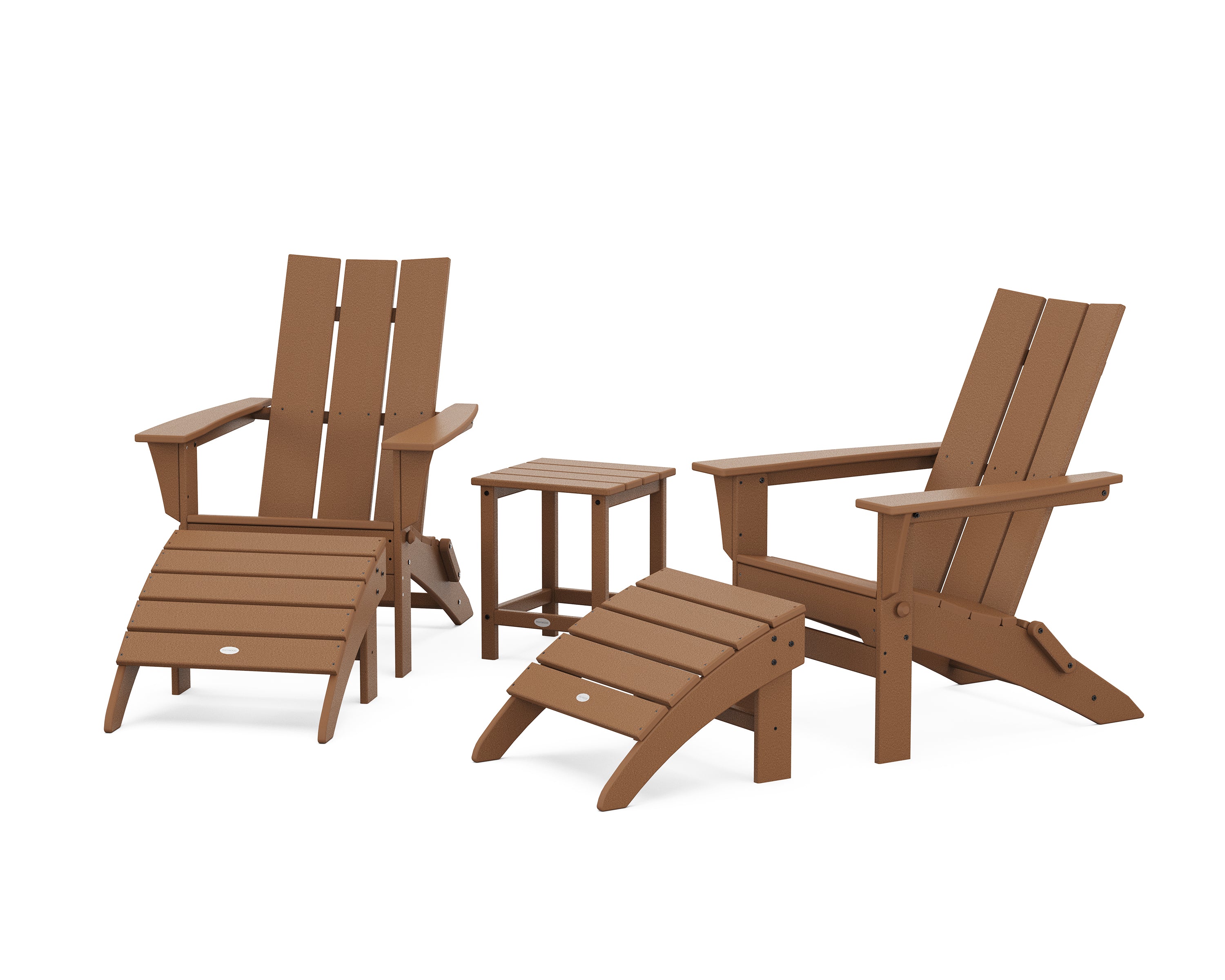 POLYWOOD Modern Folding Adirondack Chair 5-Piece Set with Ottomans and 18" Side Table in Teak