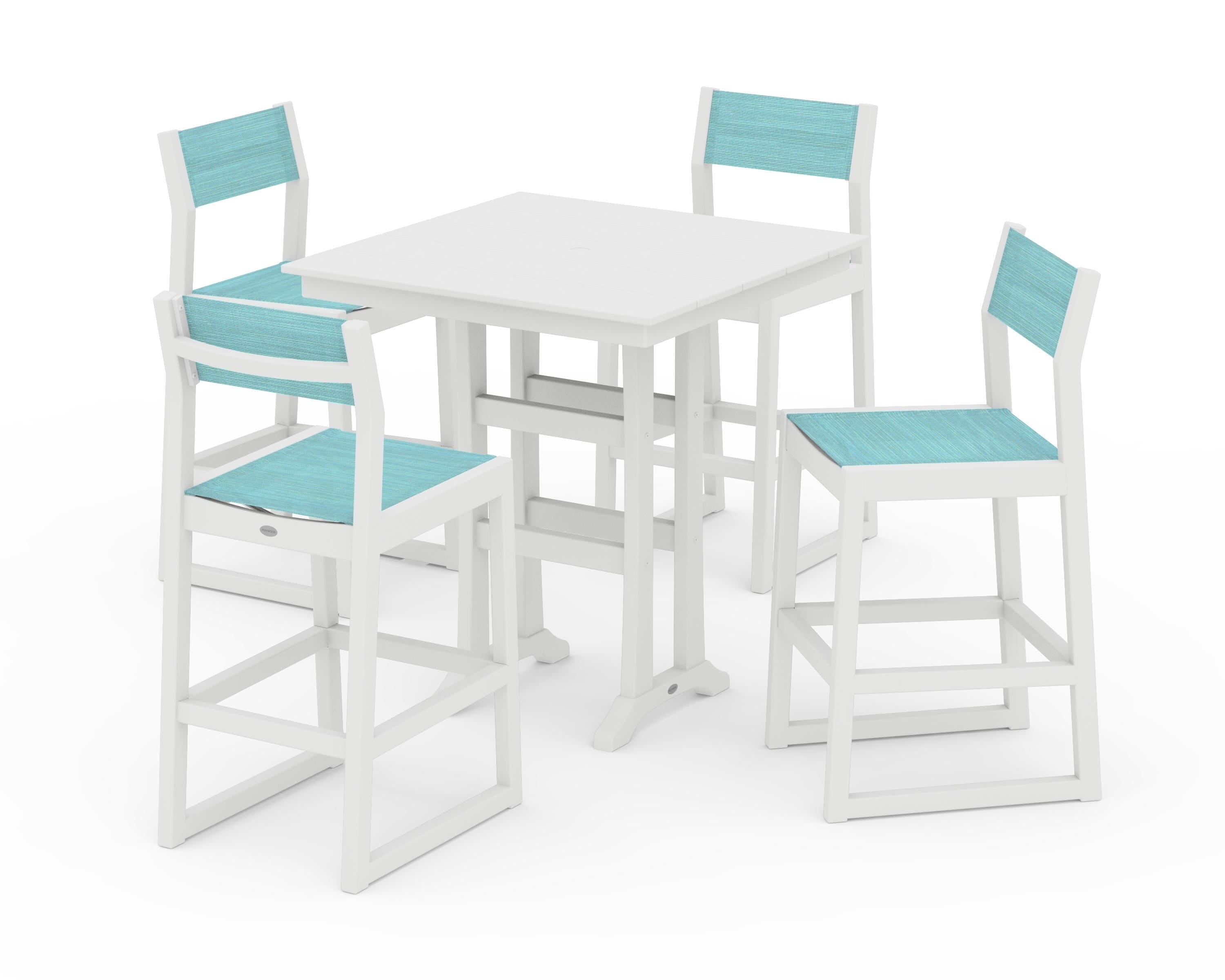 POLYWOOD EDGE Sling Arm Chair 5-Piece Farmhouse Bar Set with Trestle Legs in White / Dupioni Aquamarine Sling