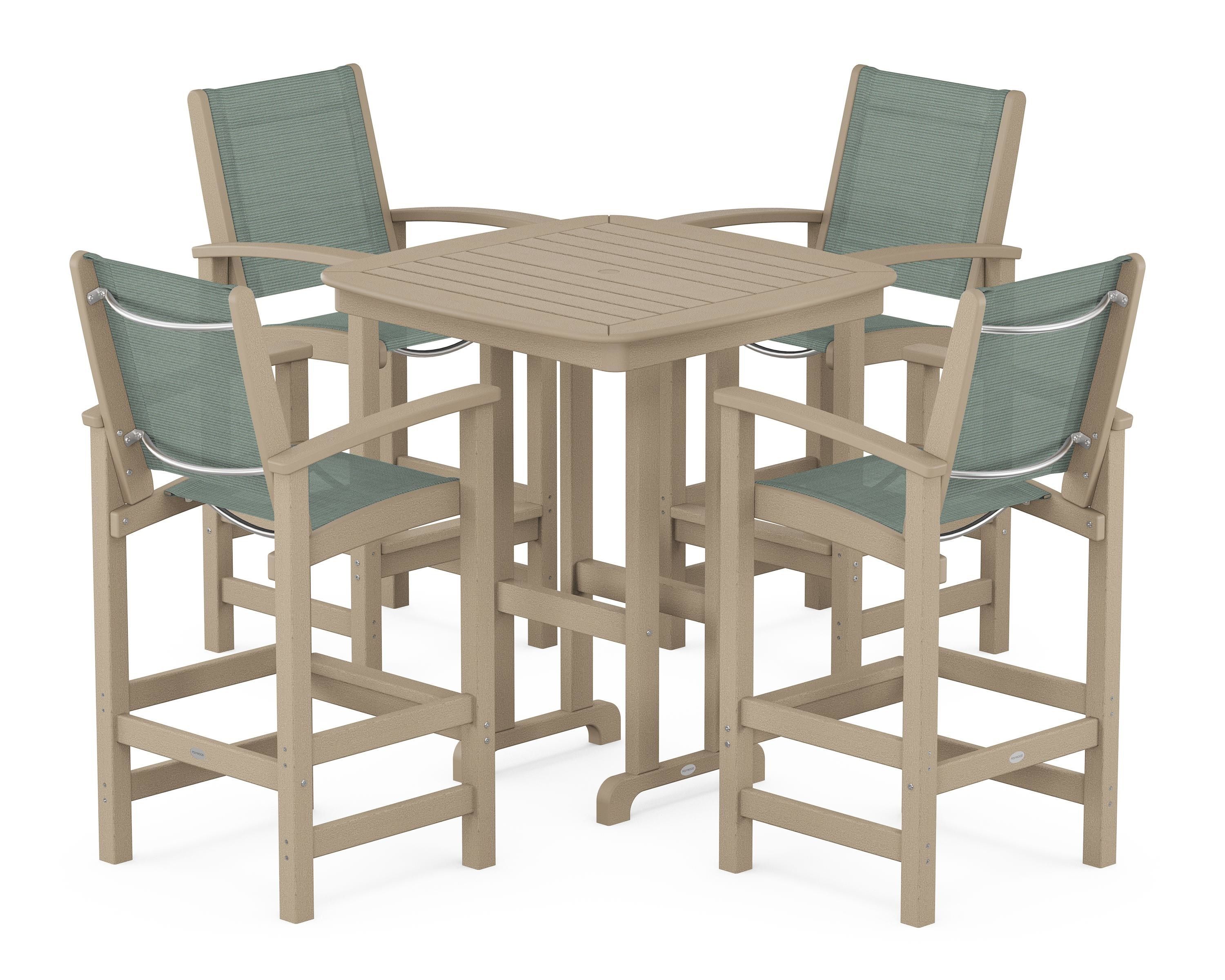 POLYWOOD Coastal 5-Piece Bar Set in Vintage Sahara / Dupioni Sea Mist Sling