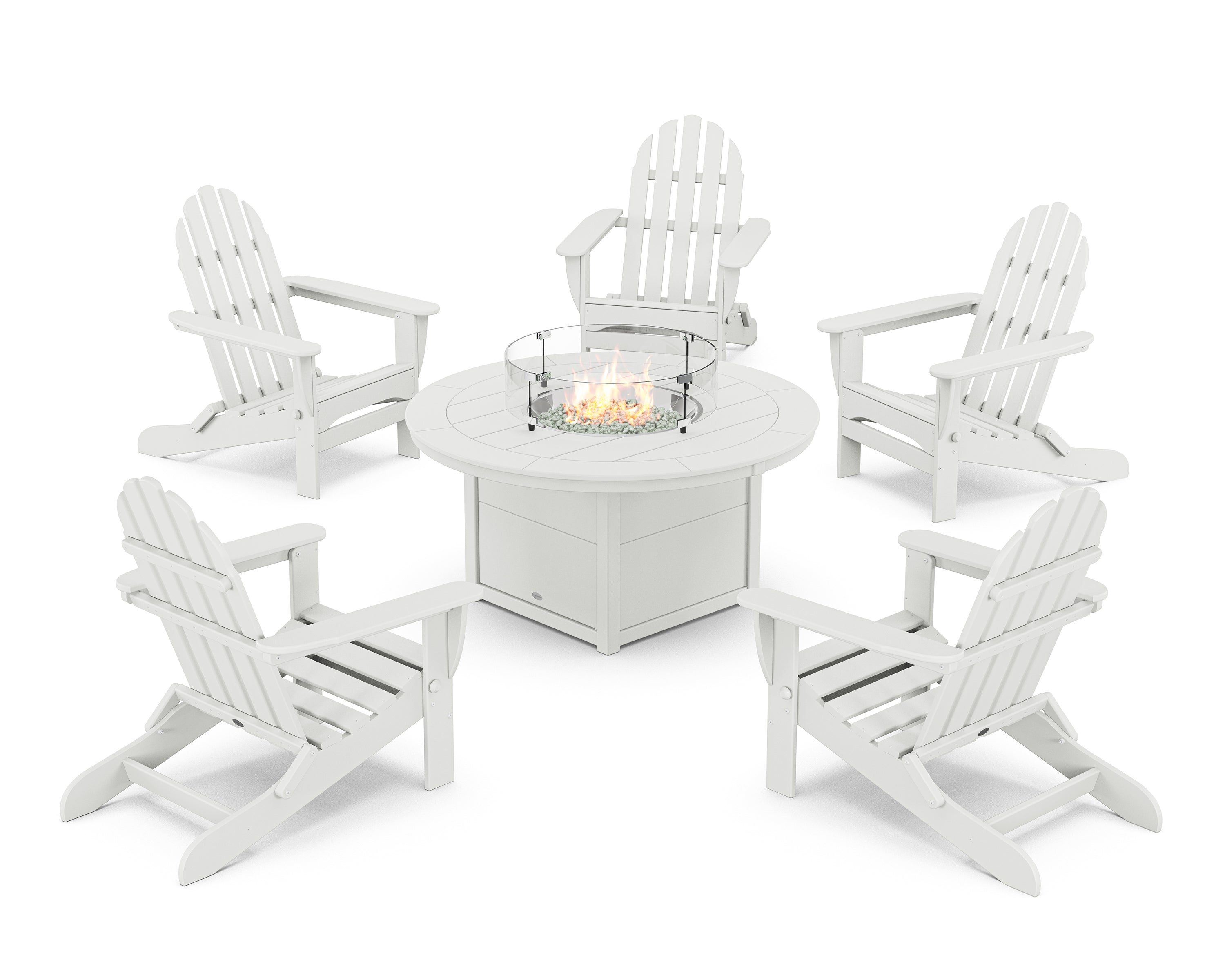 POLYWOOD® Classic Folding Adirondack 6-Piece Conversation Set with Fire Pit Table in White