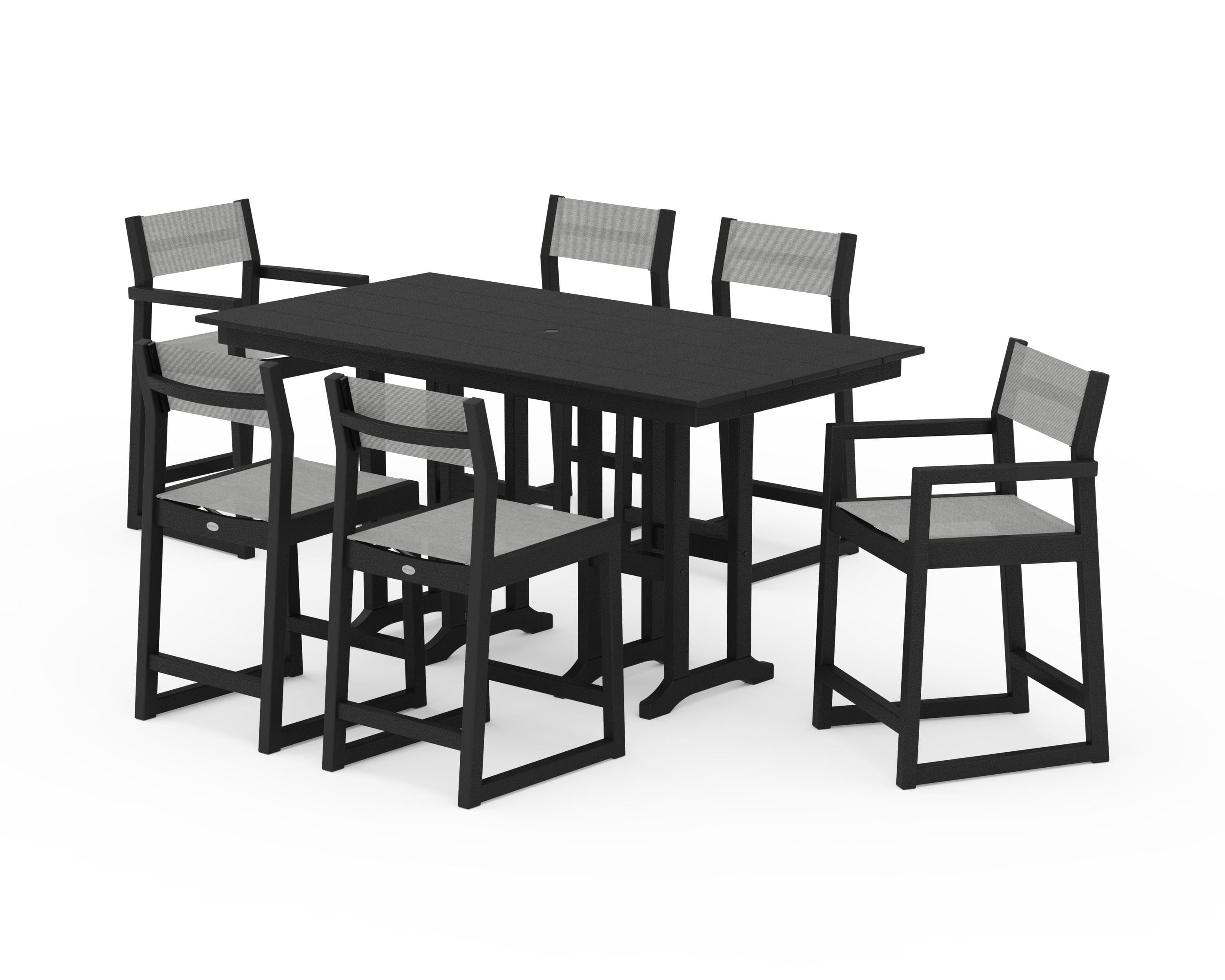 POLYWOOD EDGE Sling 7-Piece Farmhouse Counter Set with Trestle Legs in Black / Metallic Sling