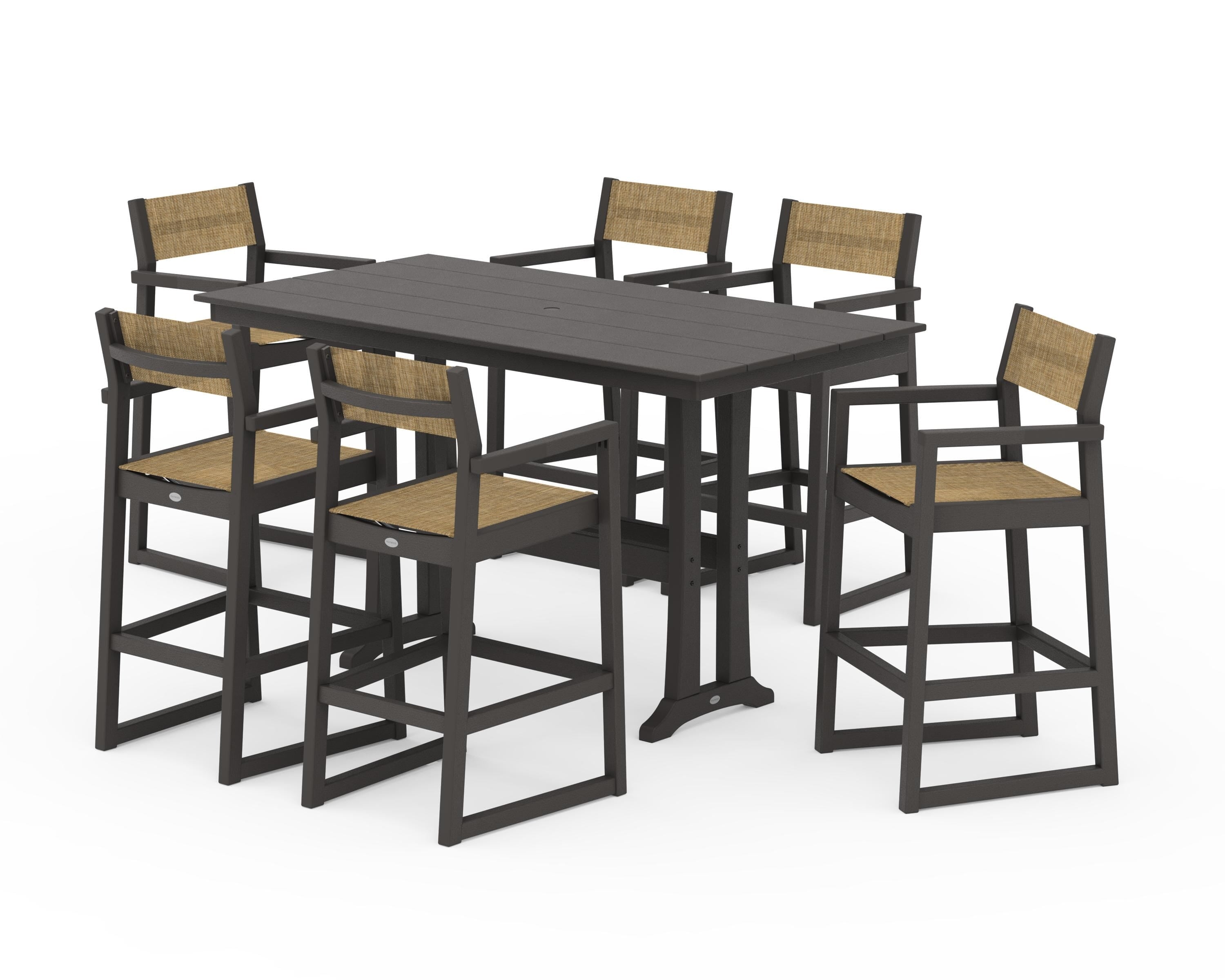 POLYWOOD EDGE Sling Arm Chair 7-Piece Farmhouse Bar Set with Trestle Legs in Vintage Coffee / Burlap Sling