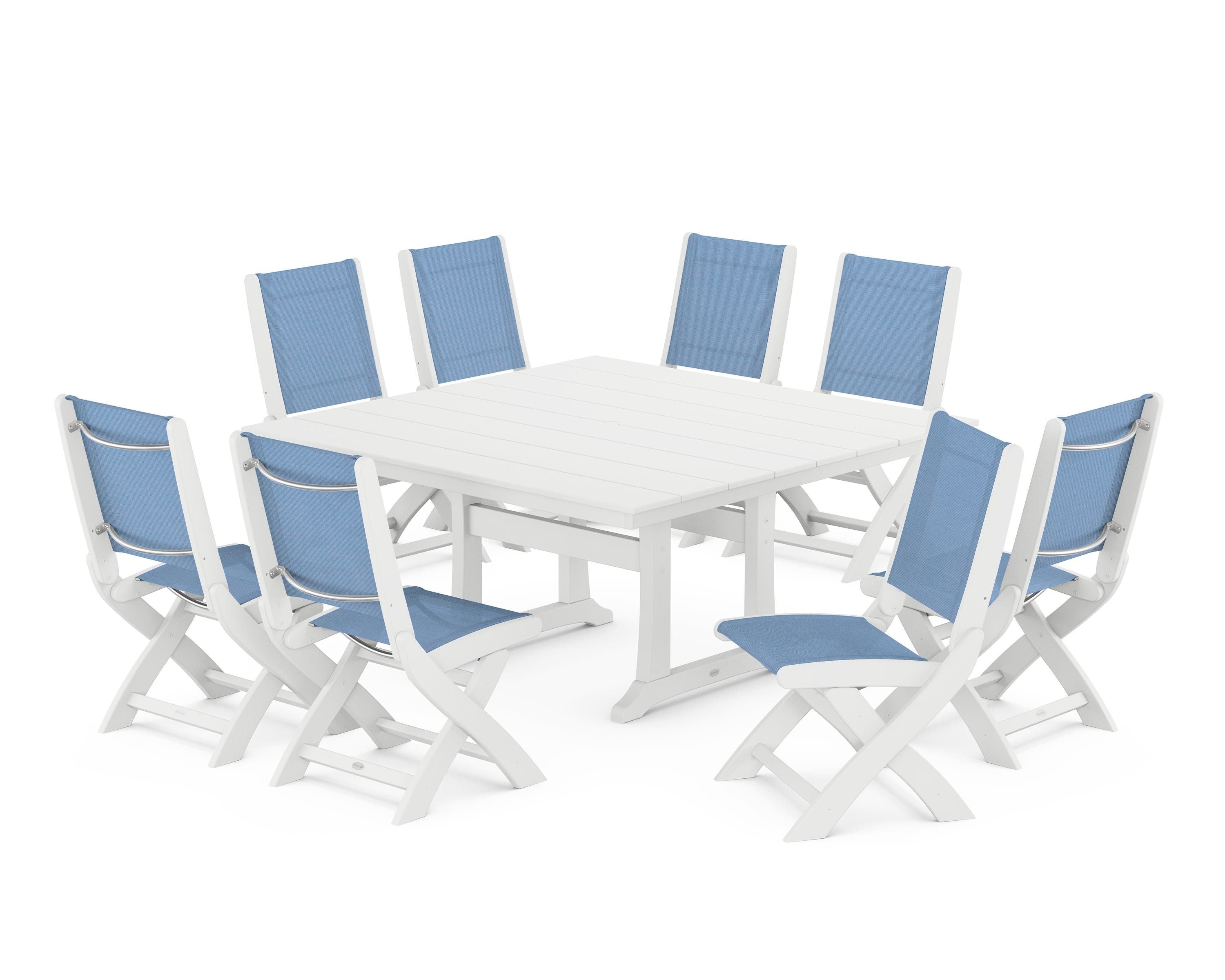 POLYWOOD Coastal Folding Side Chair 9-Piece Farmhouse Dining Set in White / Poolside Sling