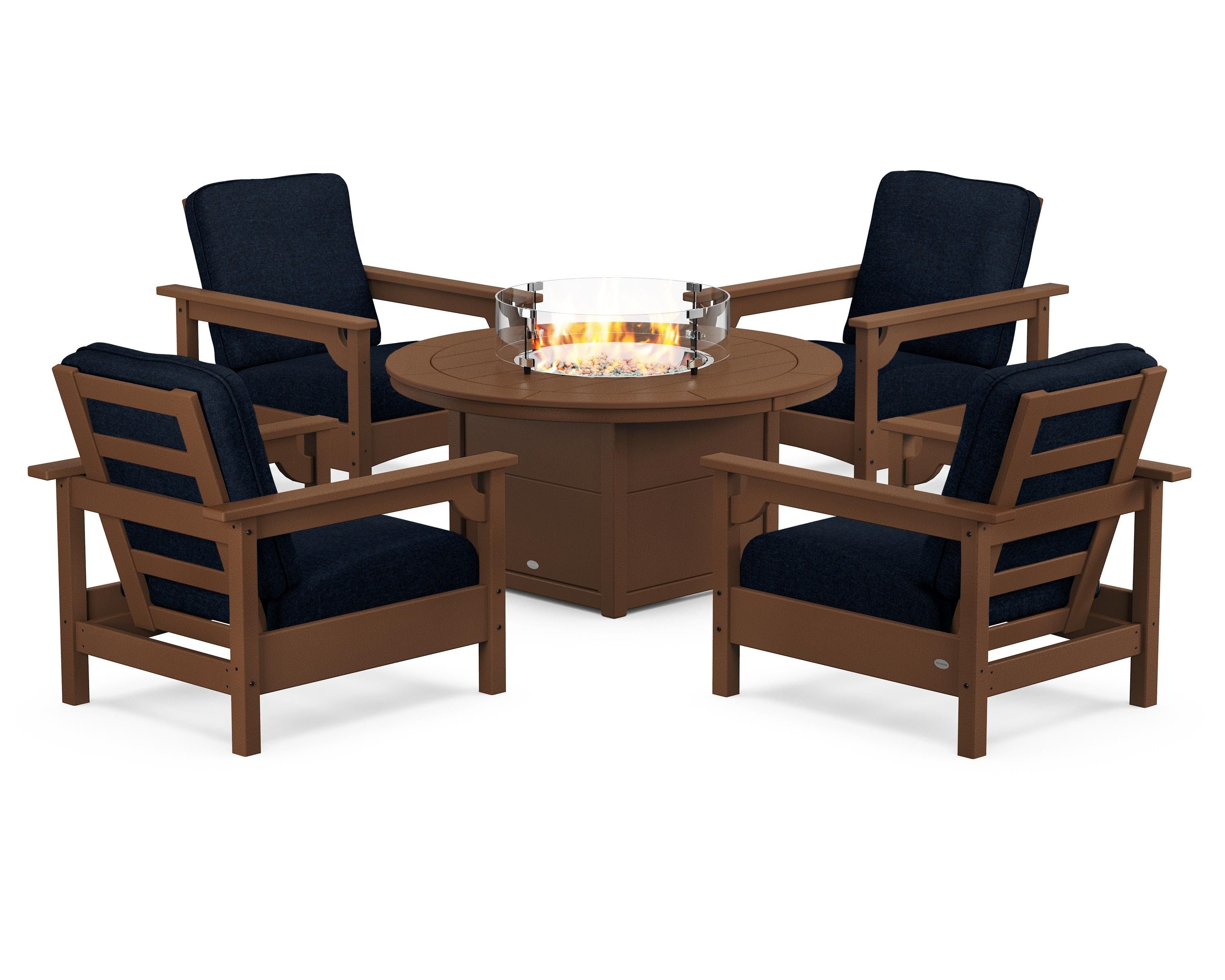 POLYWOOD Club 5-Piece Conversation Set with Fire Pit Table in Teak / Marine Indigo