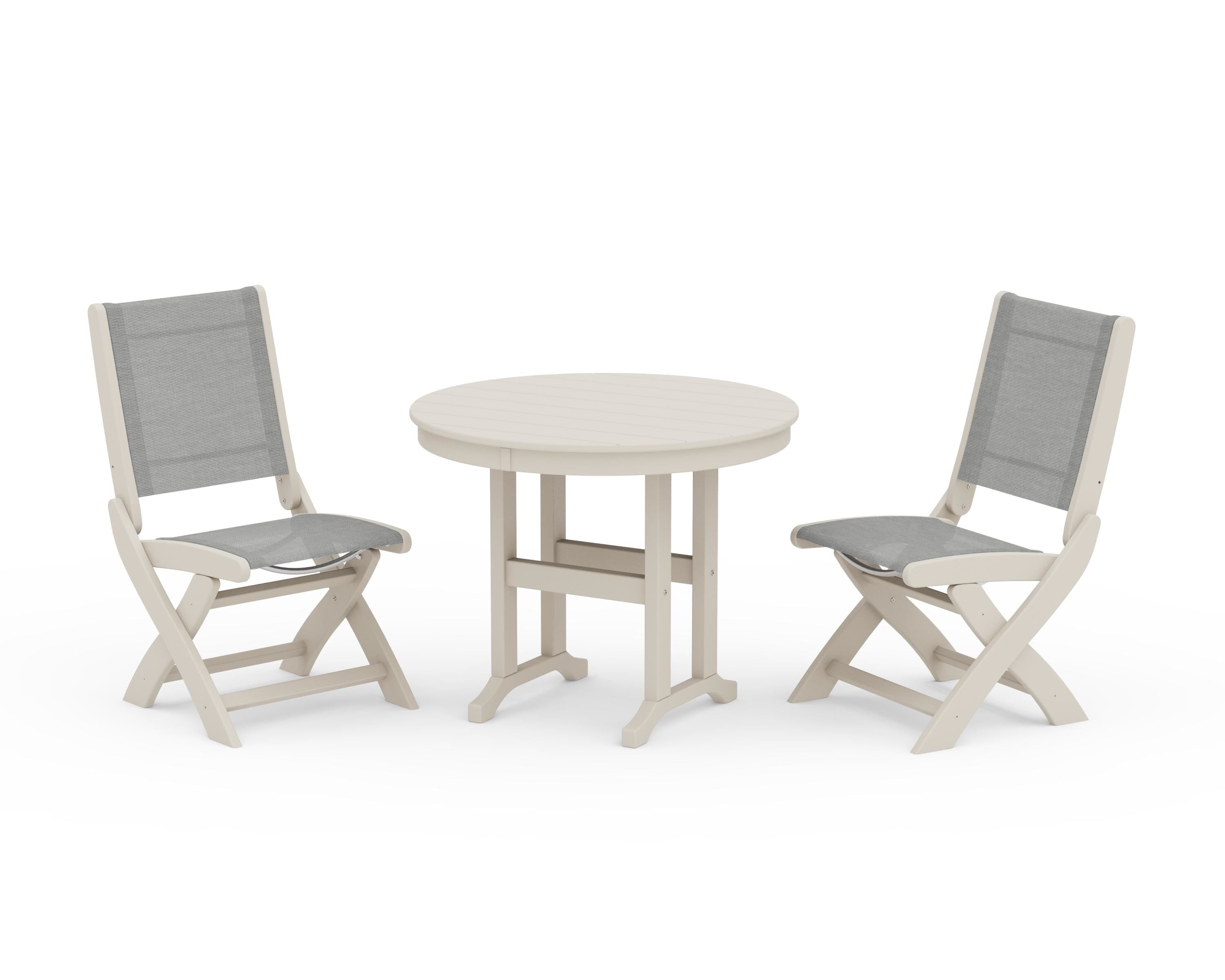 POLYWOOD Coastal Folding Side Chair 3-Piece Round Dining Set in Sand / Metallic Sling