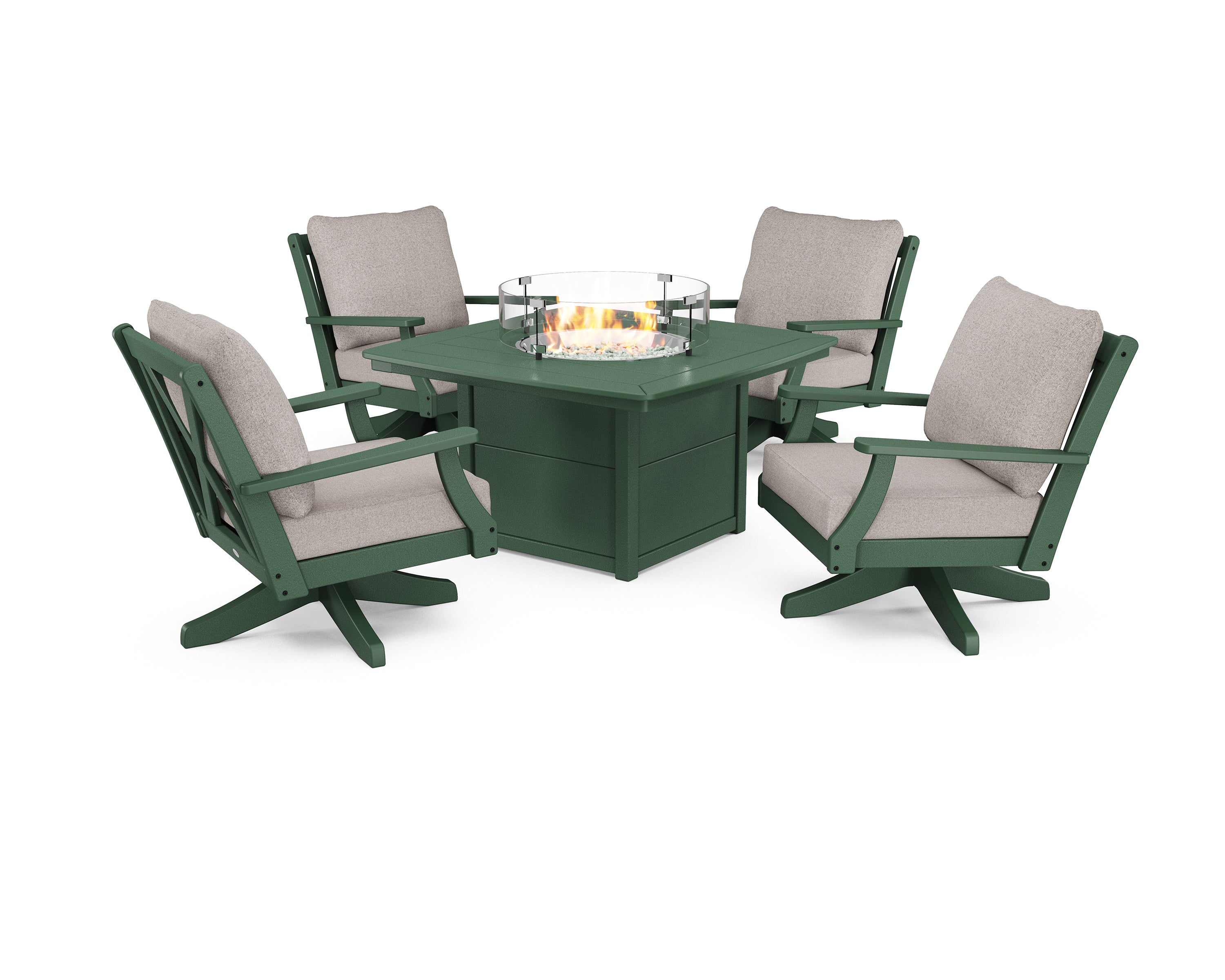 POLYWOOD Braxton 5-Piece Deep Seating Swivel Conversation Set with Fire Pit Table in Green / Weathered Tweed