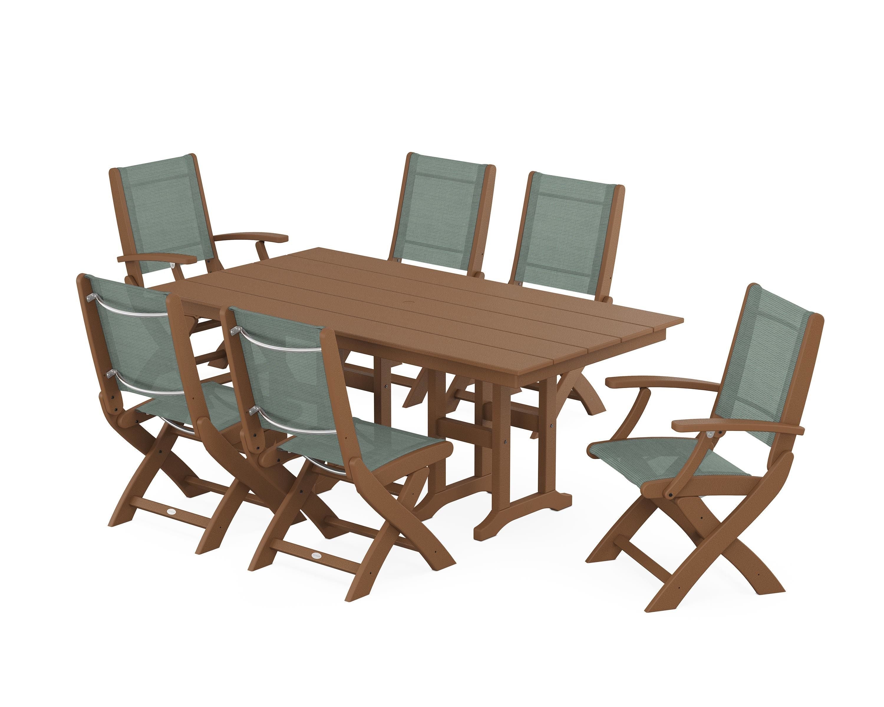 POLYWOOD Coastal Folding Chair 7-Piece Farmhouse Dining Set in Teak / Dupioni Sea Mist Sling