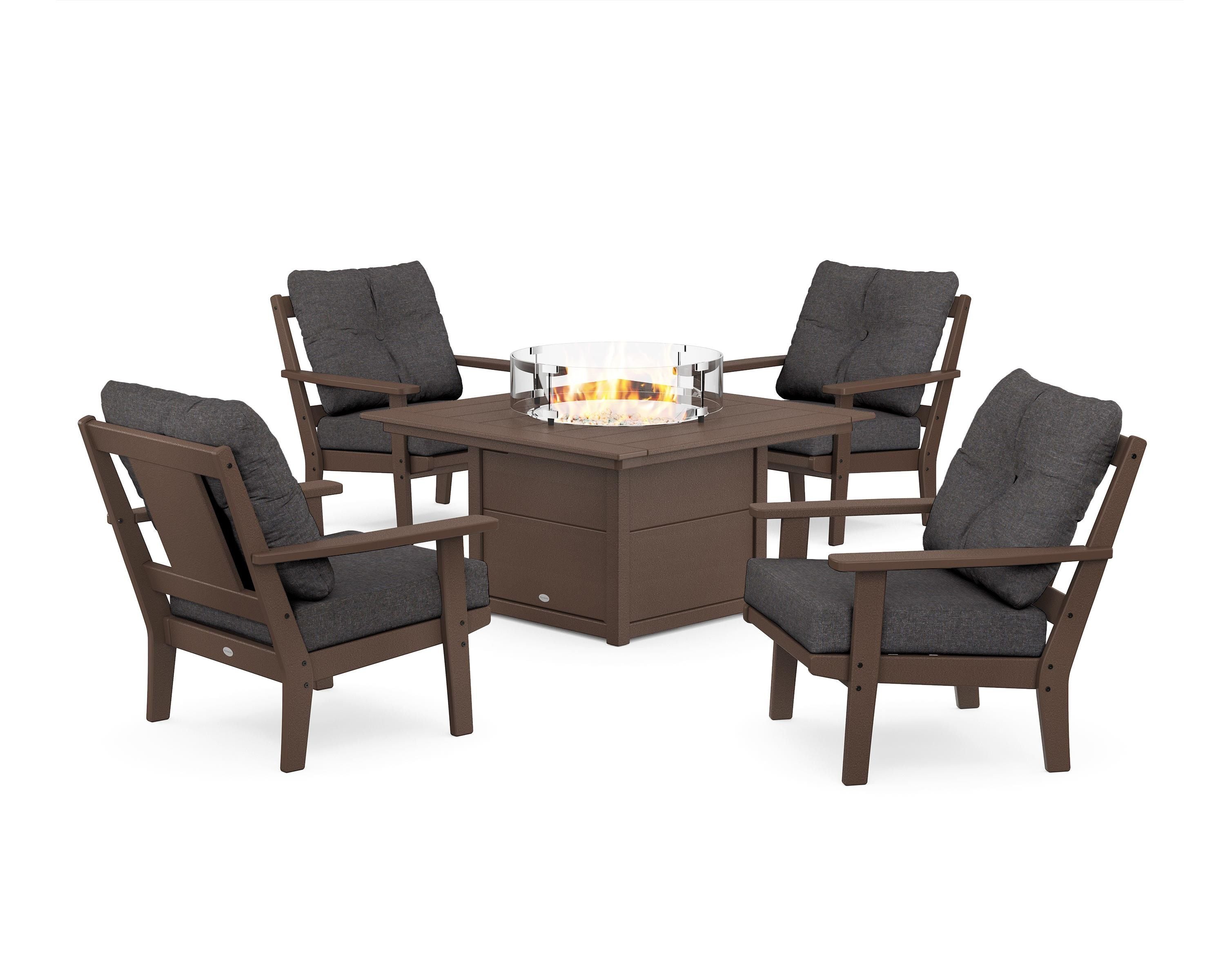 POLYWOOD Prairie 5-Piece Deep Seating Set with Fire Pit Table in Mahogany / Ash Charcoal