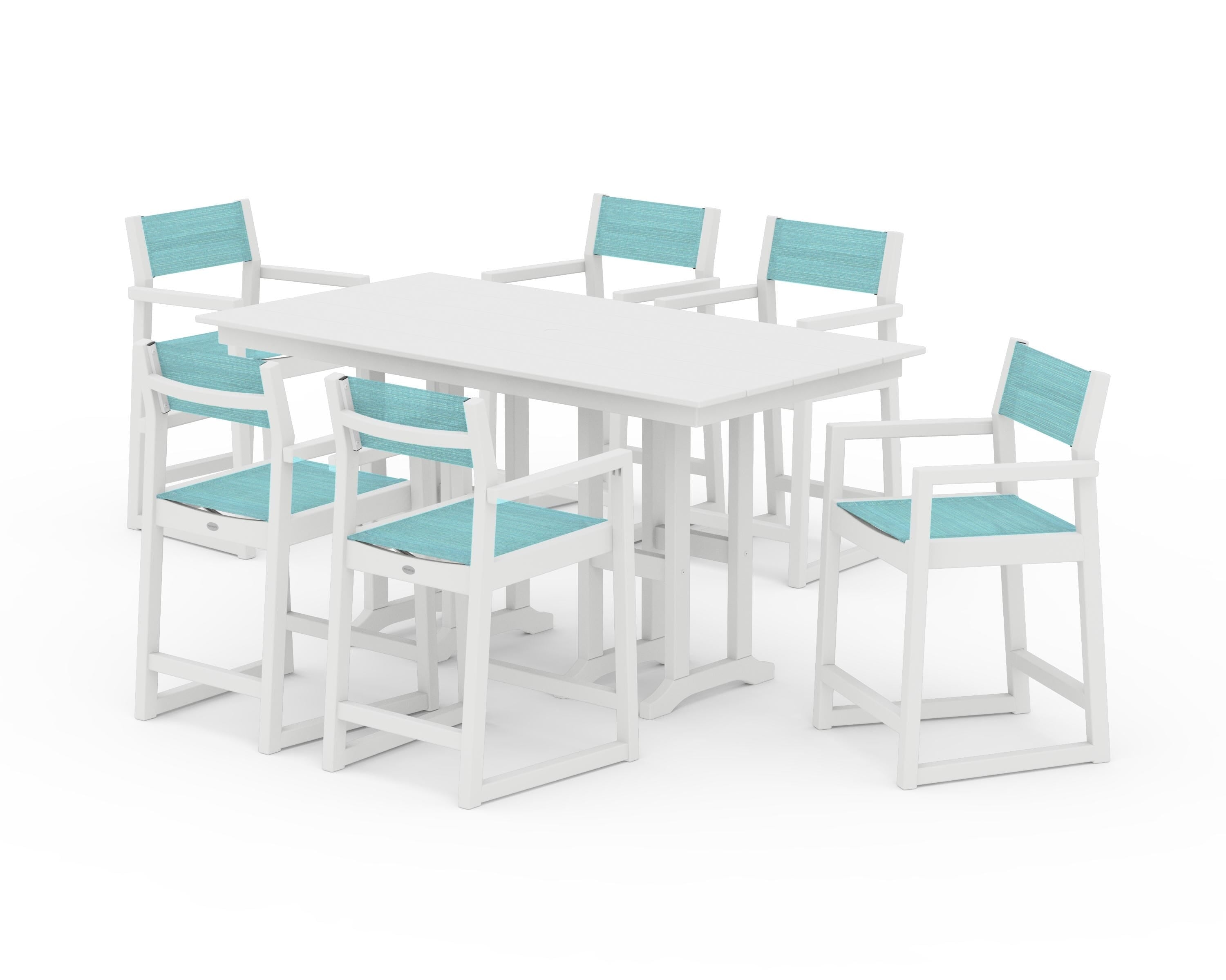 POLYWOOD EDGE Sling Arm Chair 7-Piece Farmhouse Counter Set in White / Dupioni Aquamarine Sling