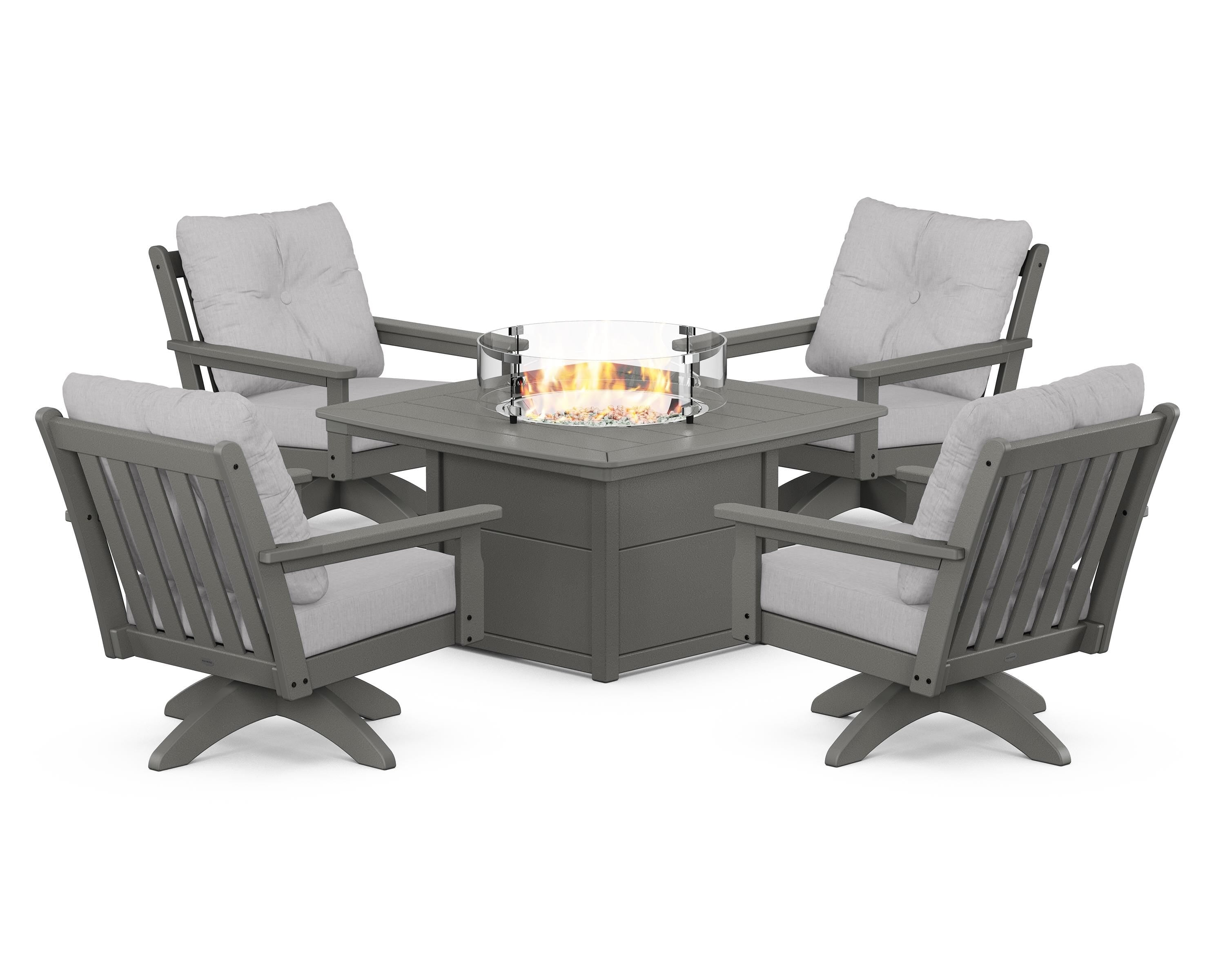 POLYWOOD Vineyard 5-Piece Deep Seating Swivel Conversation Set with Fire Pit Table in Slate Grey / Granite