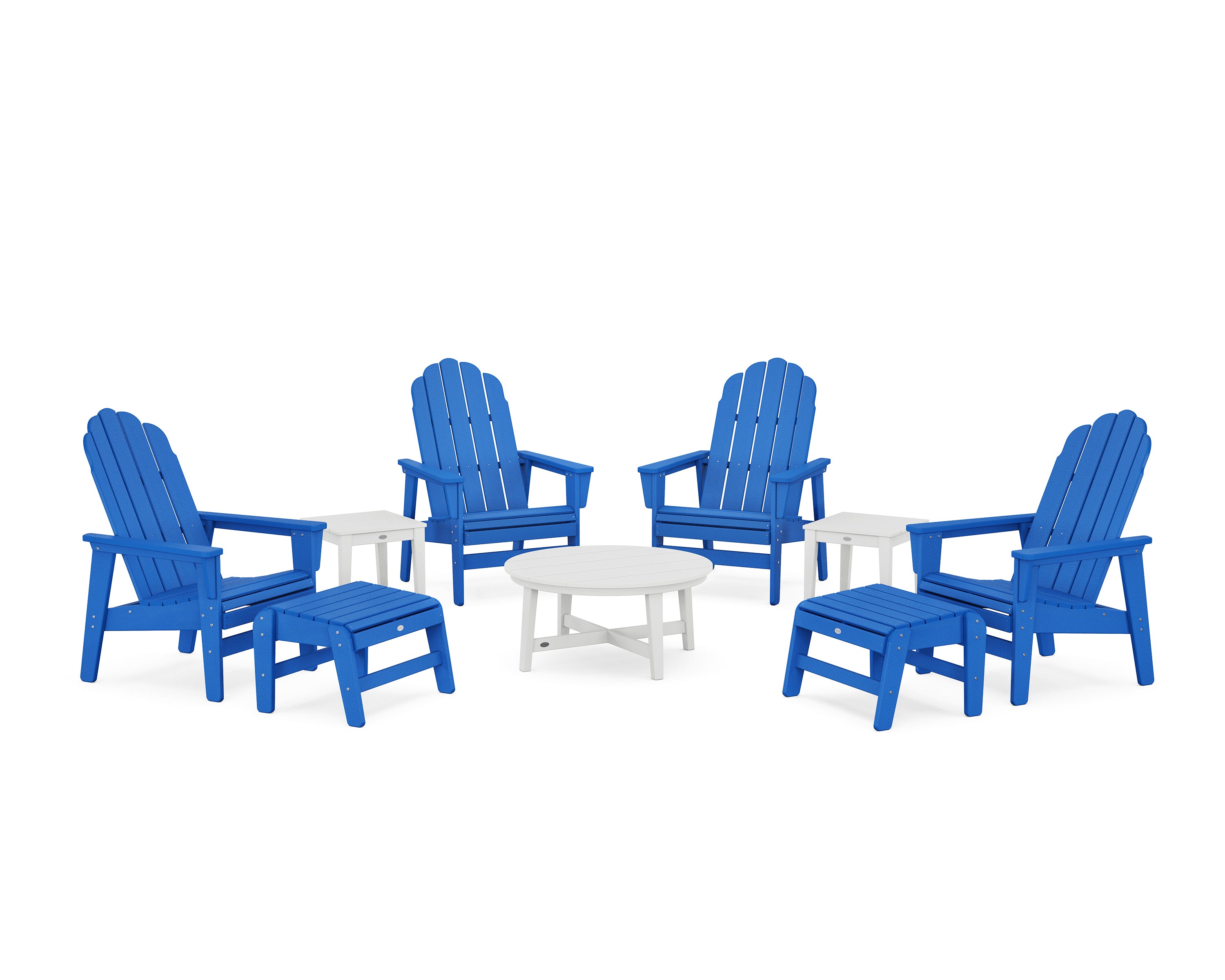 POLYWOOD® Vineyard Grand Upright Adirondack 9-Piece Conversation Set in Pacific Blue / White