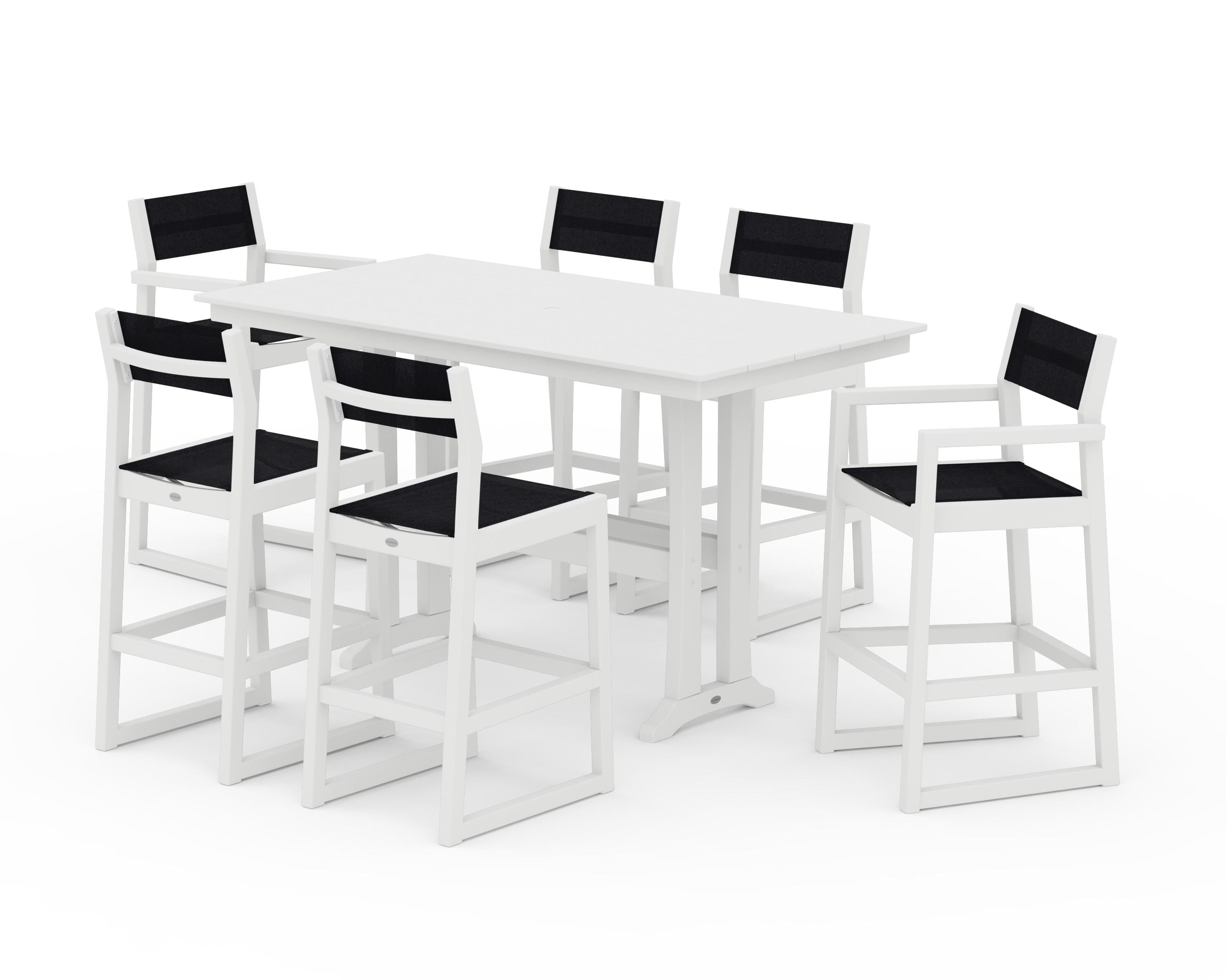 POLYWOOD EDGE Sling 7-Piece Farmhouse Bar Set with Trestle Legs in White / Black Sling