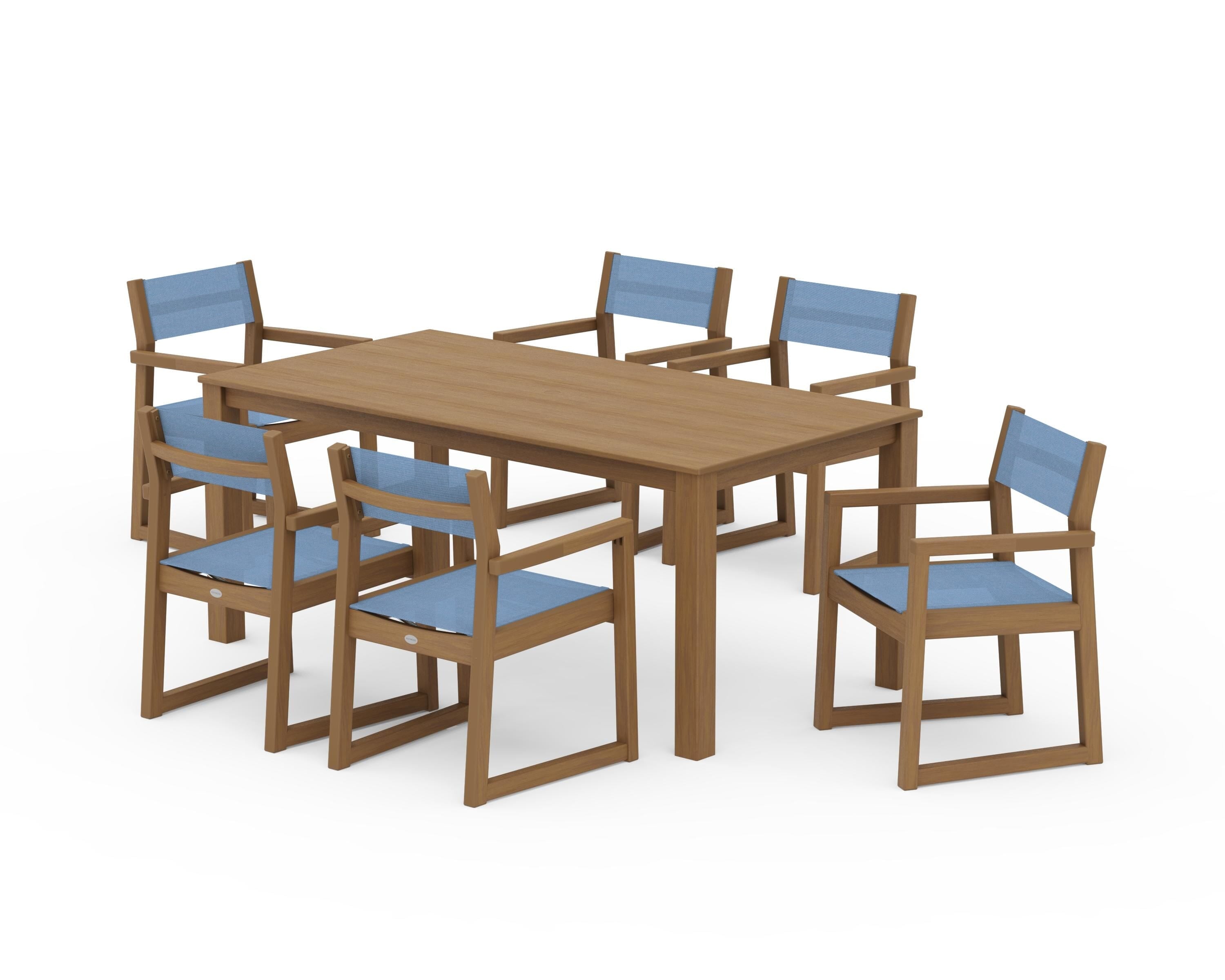 POLYWOOD EDGE Sling Arm Chair 7-Piece Parsons Dining Set in Natural / Poolside Sling