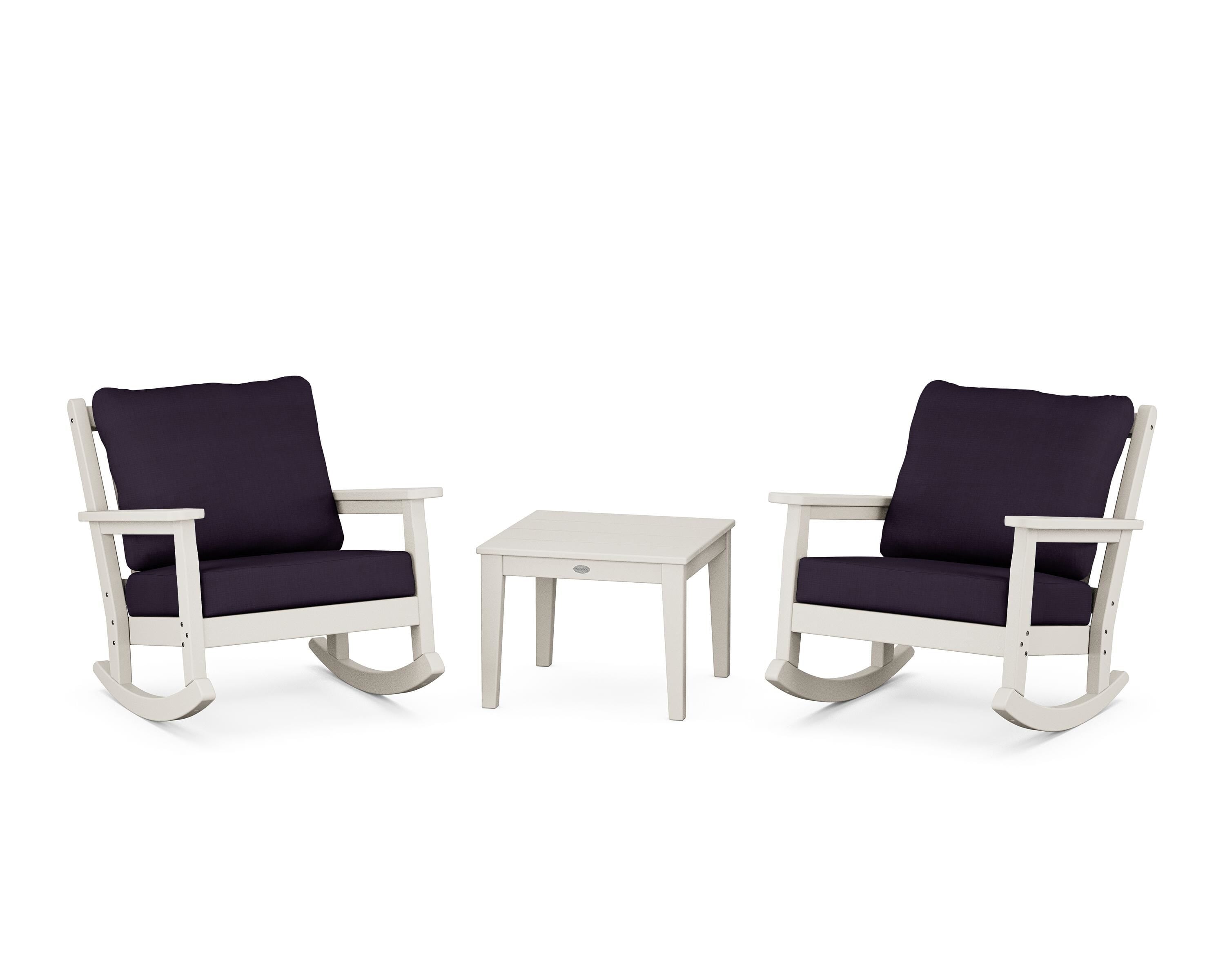 POLYWOOD Chippendale 3-Piece Deep Seating Rocker Set in Sand / Navy Linen