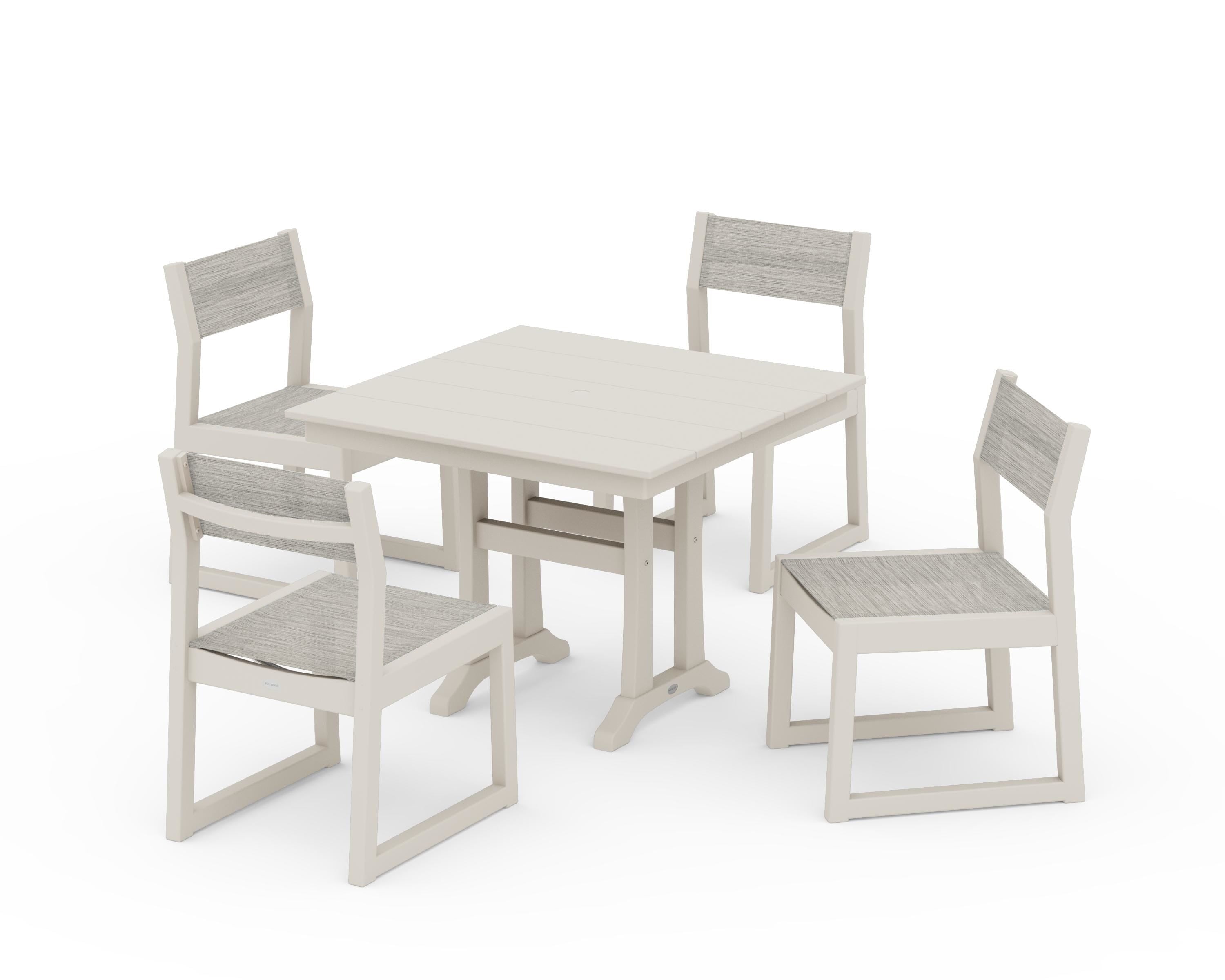 POLYWOOD EDGE Sling 5-Piece Farmhouse Trestle Side Chair Dining Set in Sand / Birch Sling