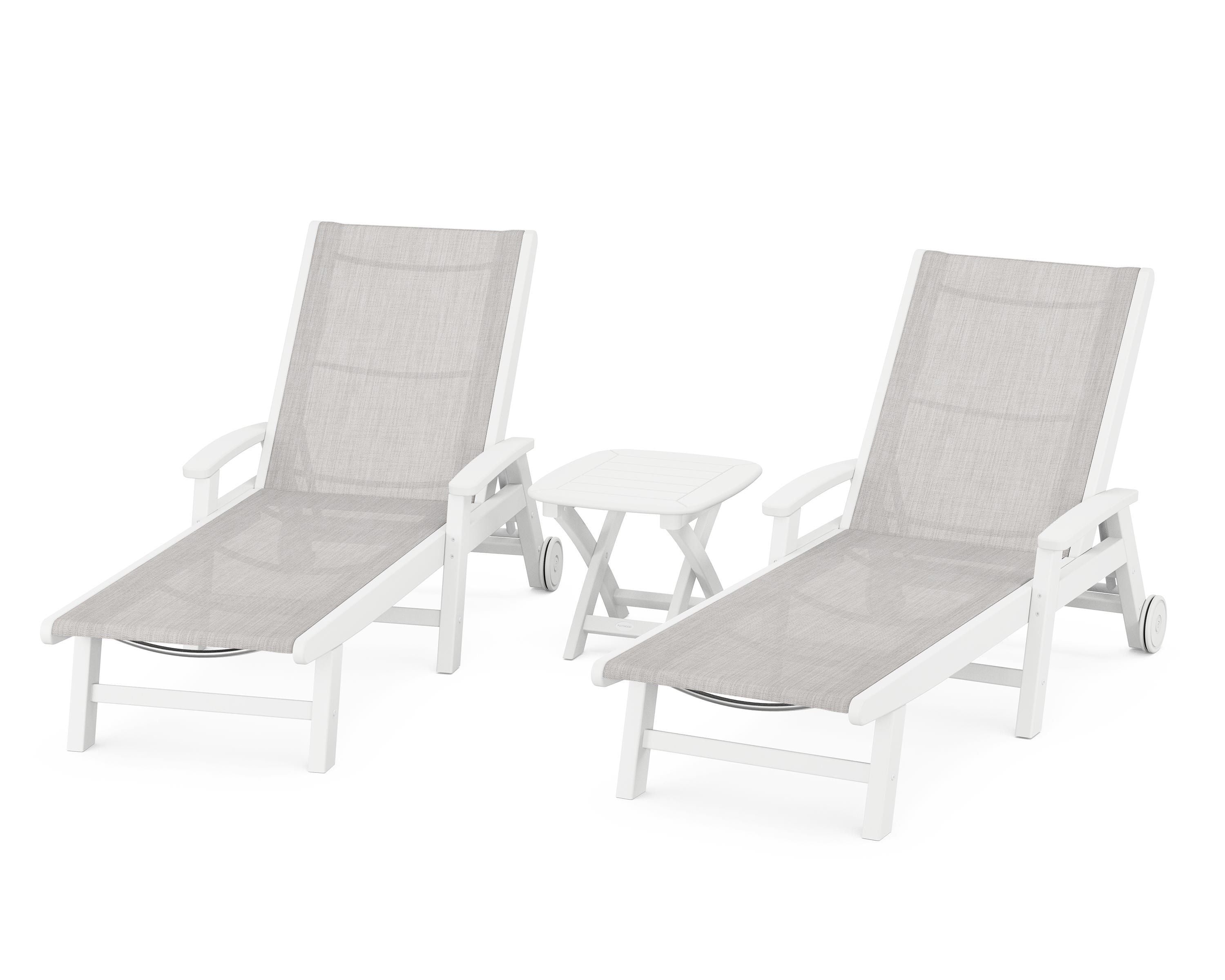 POLYWOOD Coastal 3-Piece Wheeled Chaise Set in White / Parchment Sling