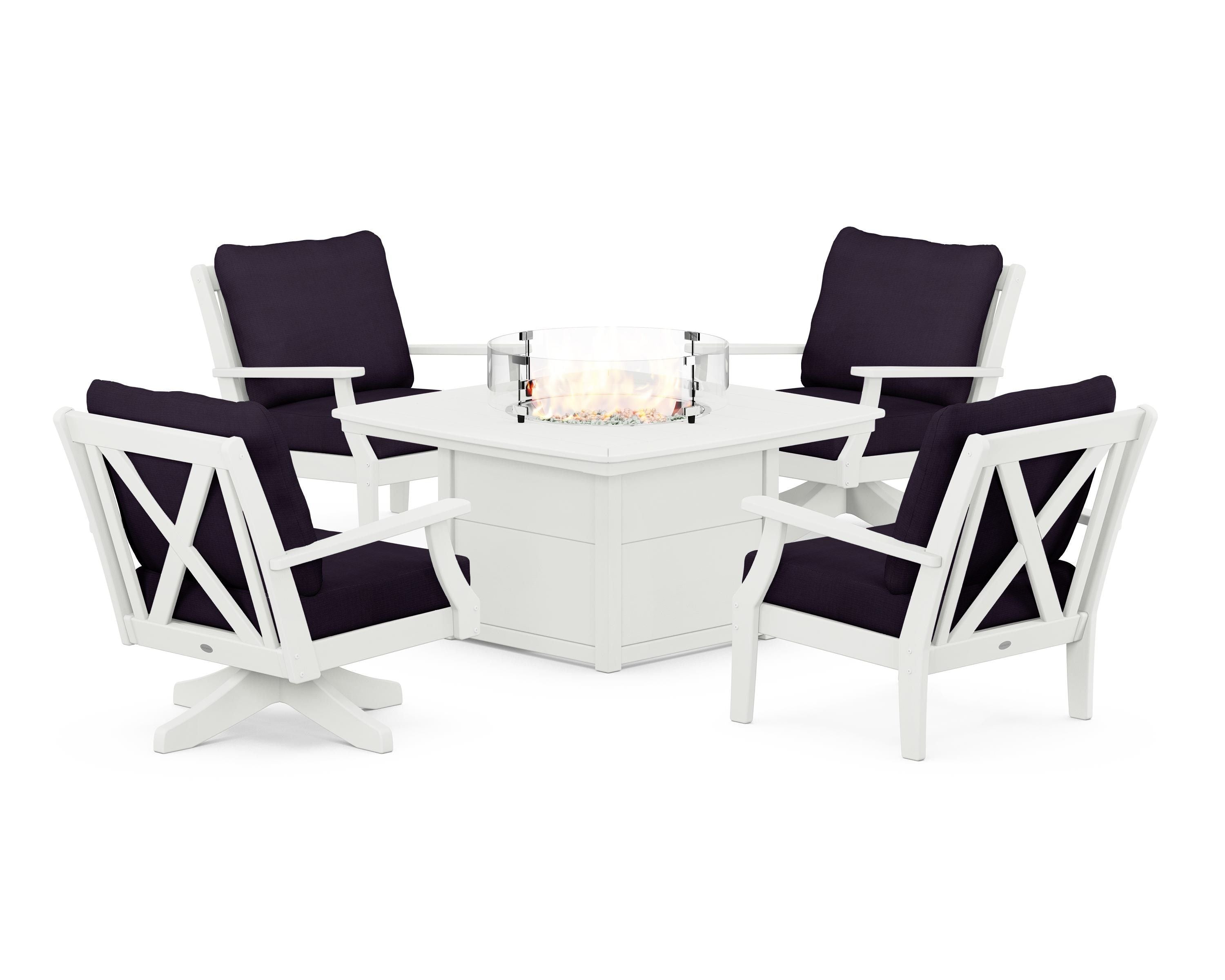 POLYWOOD Braxton 5-Piece Deep Seating Set with Fire Table in Vintage White / Navy Linen