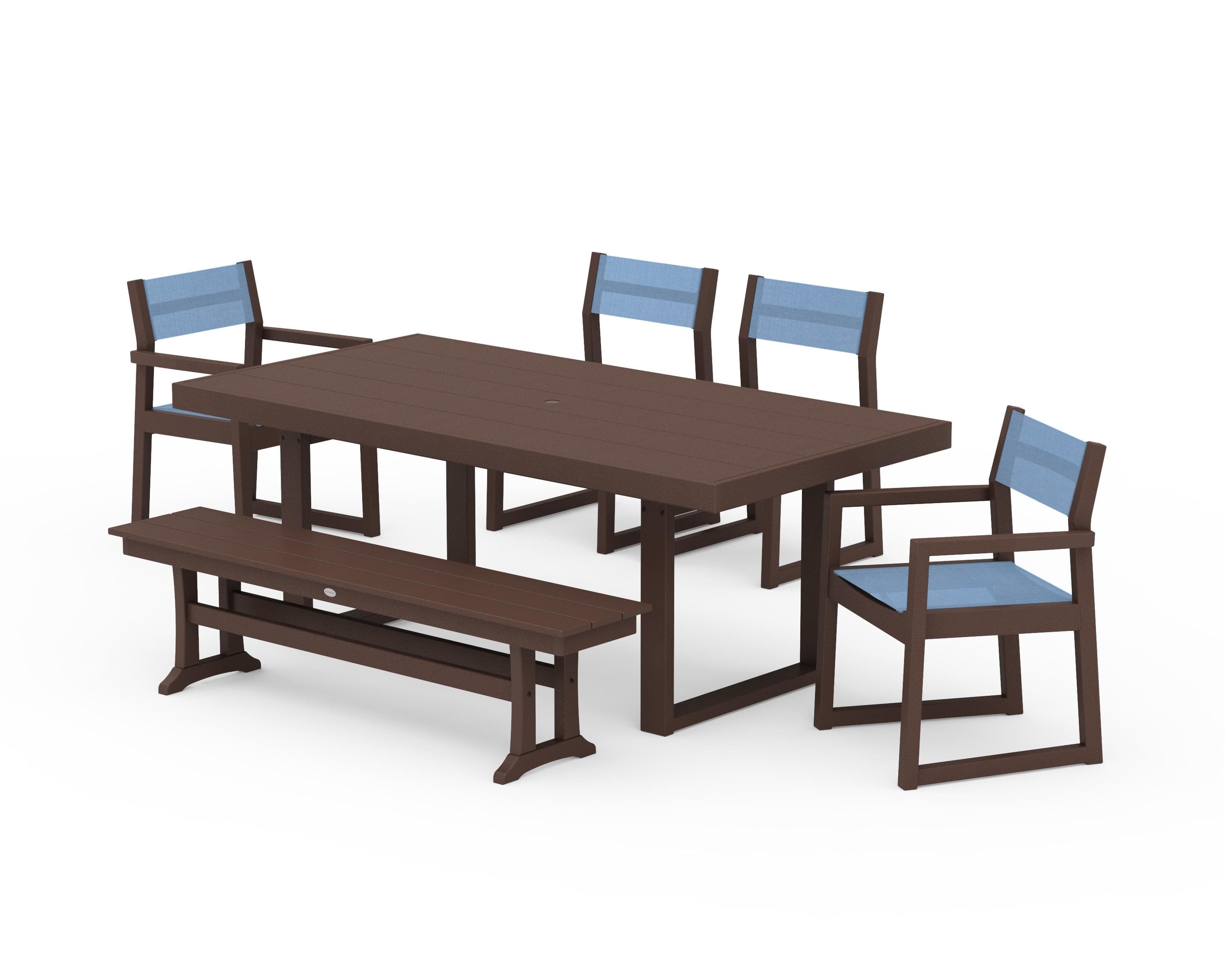 POLYWOOD EDGE Sling 6-Piece Dining Set with Bench in Mahogany / Poolside Sling
