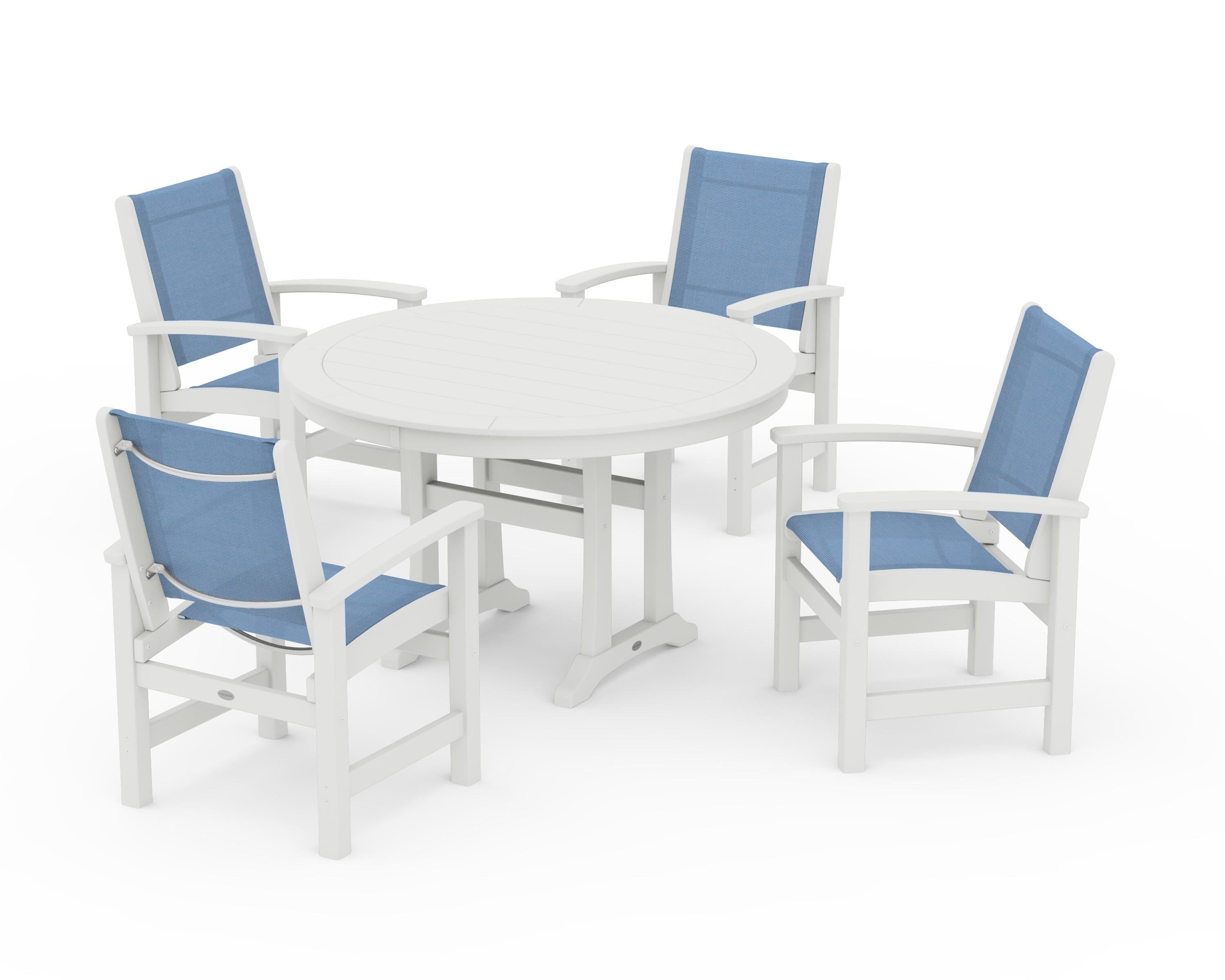 POLYWOOD Coastal 5-Piece Round Dining Set with Trestle Legs in Vintage White / Poolside Sling