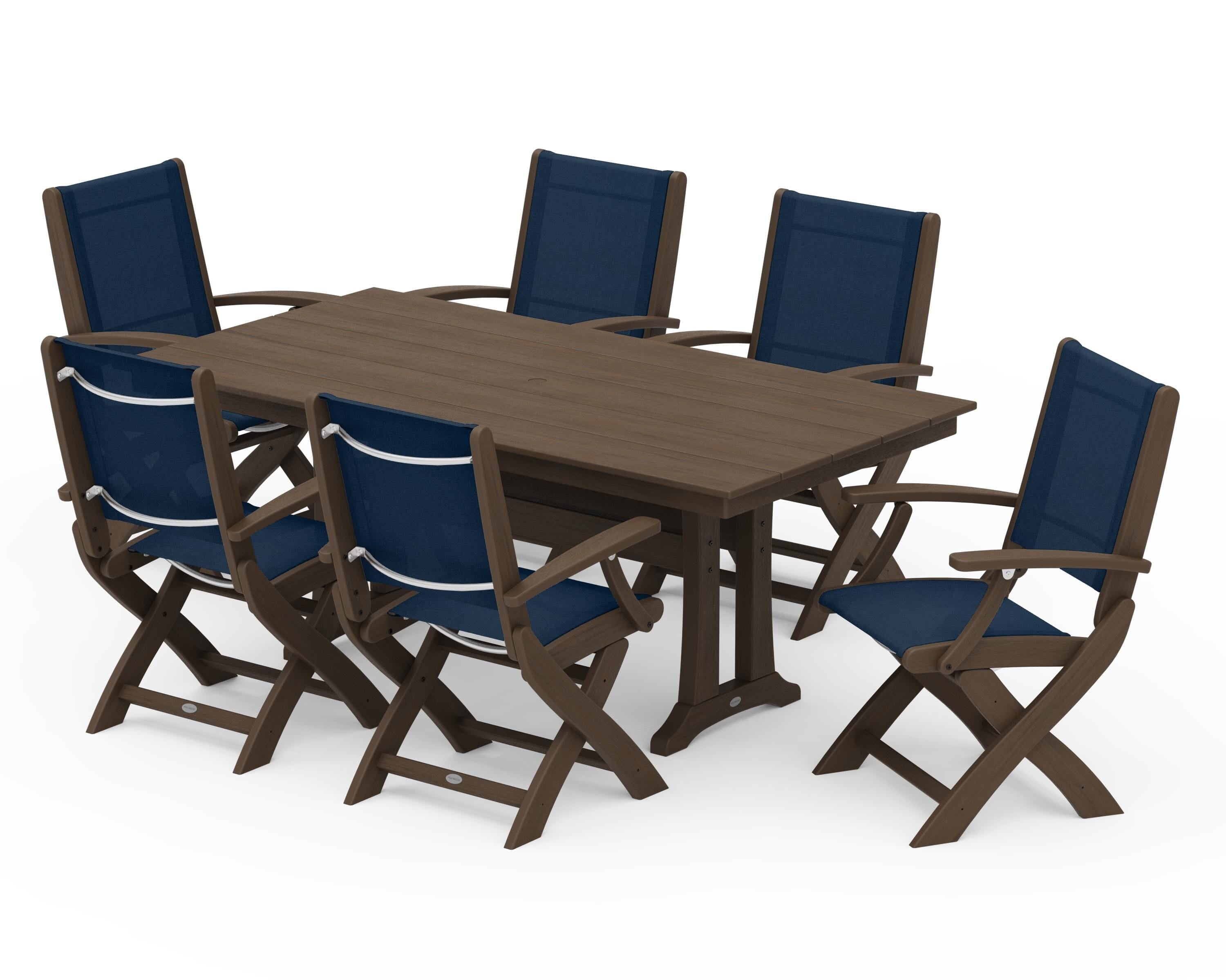 POLYWOOD Coastal Folding Arm Chair 7-Piece Farmhouse Dining Set with Trestle Legs in Kona / Navy Blue Sling