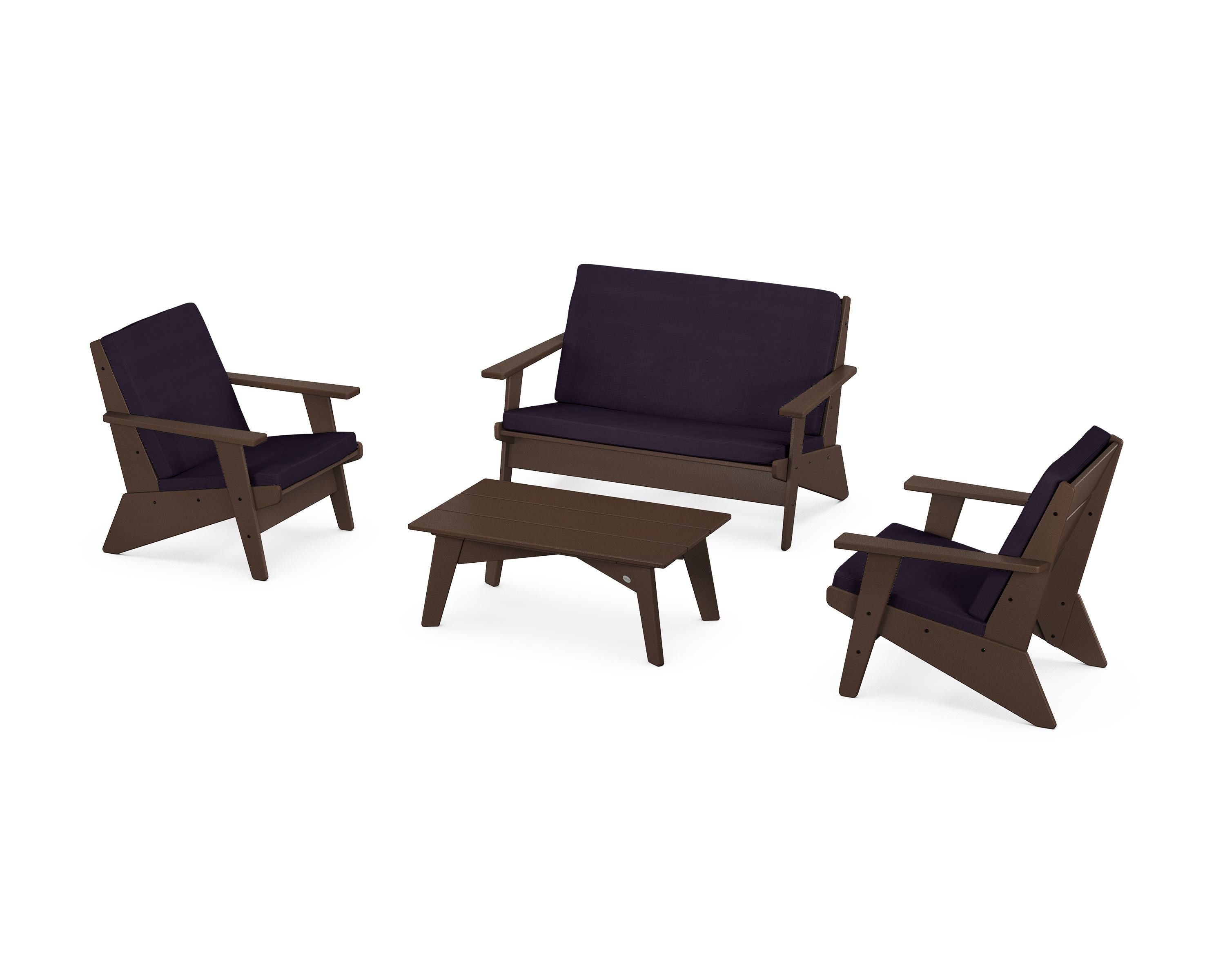 POLYWOOD Riviera Modern Lounge 4-Piece Set in Mahogany / Navy Linen