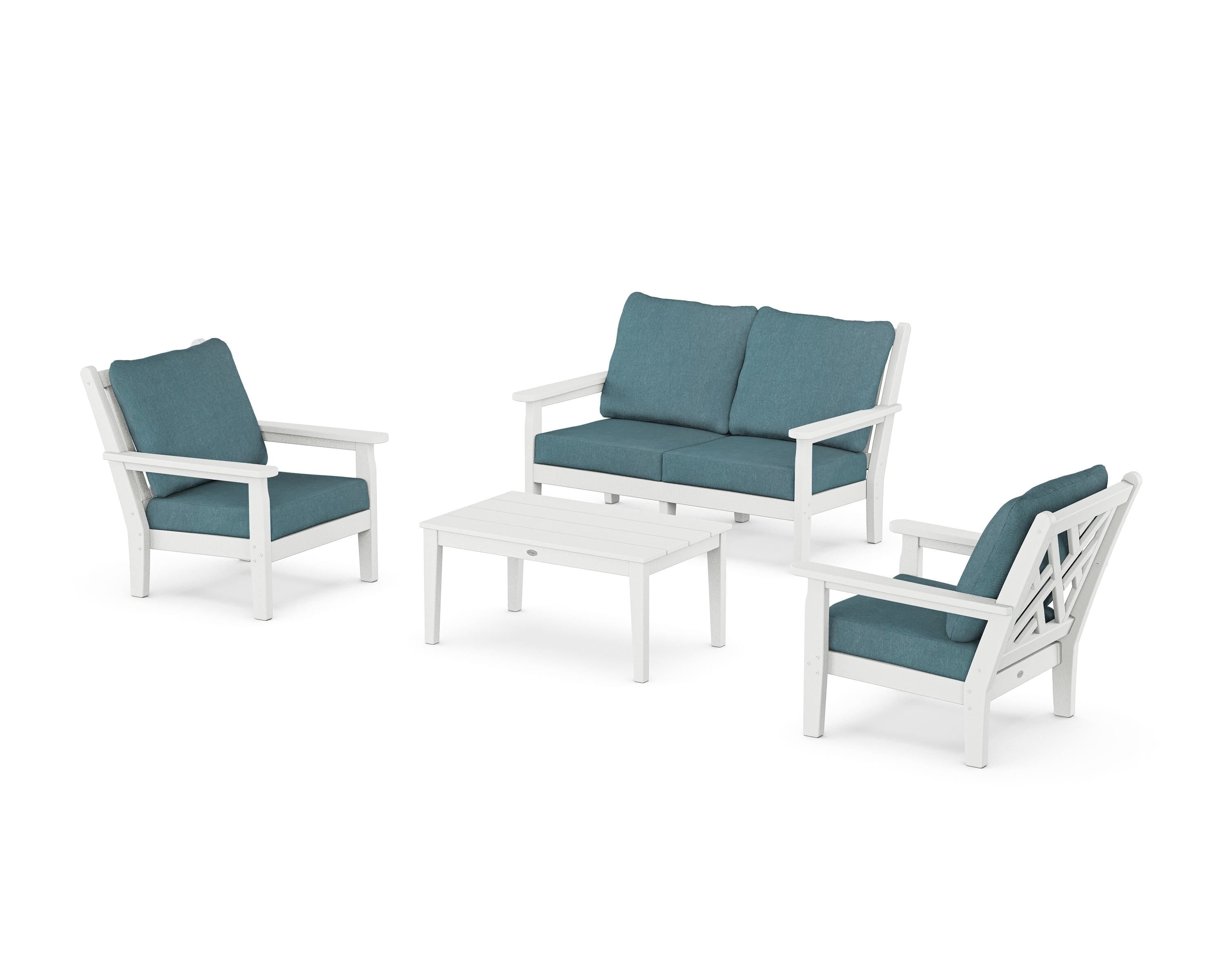 POLYWOOD Chippendale 4-Piece Deep Seating Set with Loveseat in White / Ocean Teal