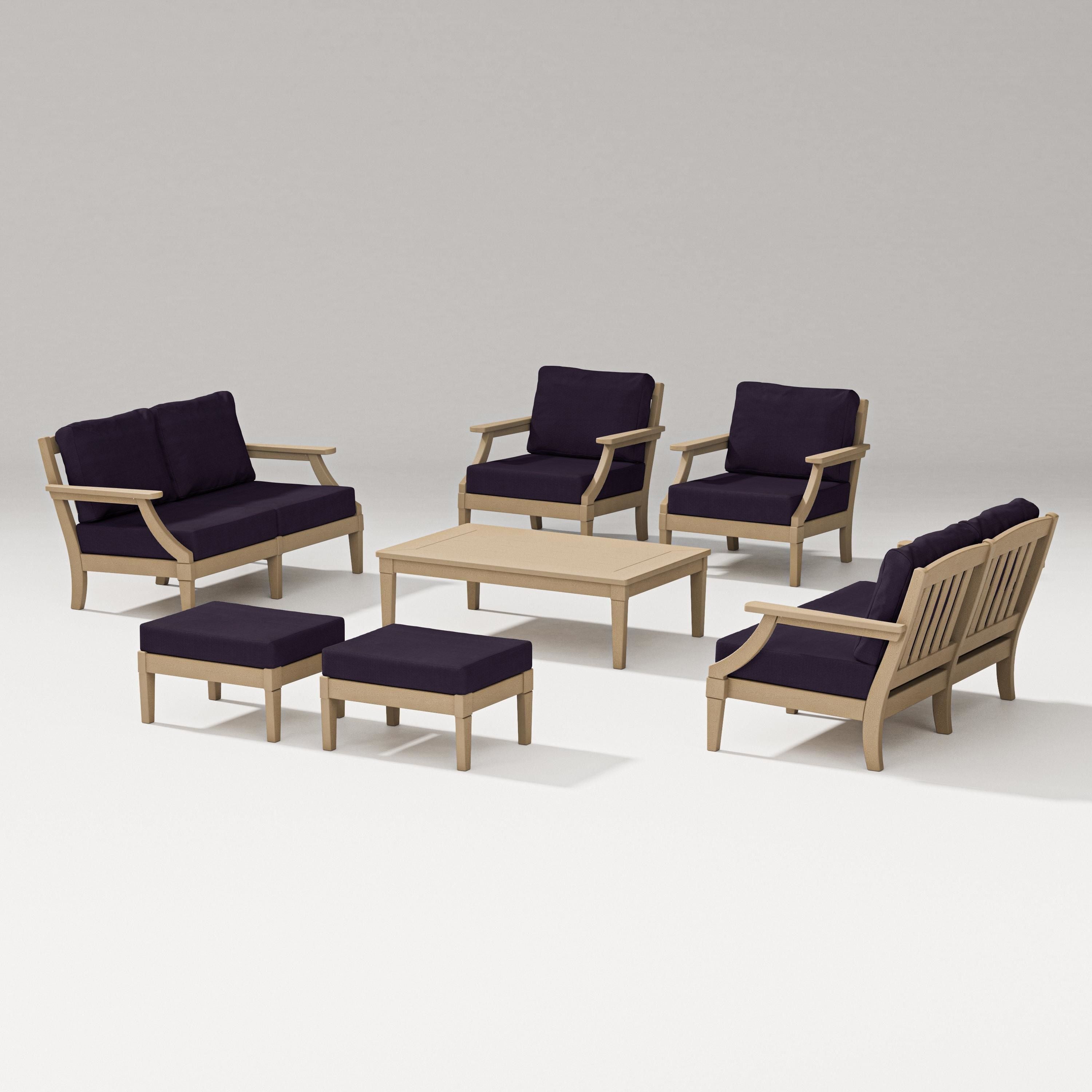 PW Designer Series Estate 7-Piece Lounge Loveseat Set in Vintage Sahara / Navy Linen