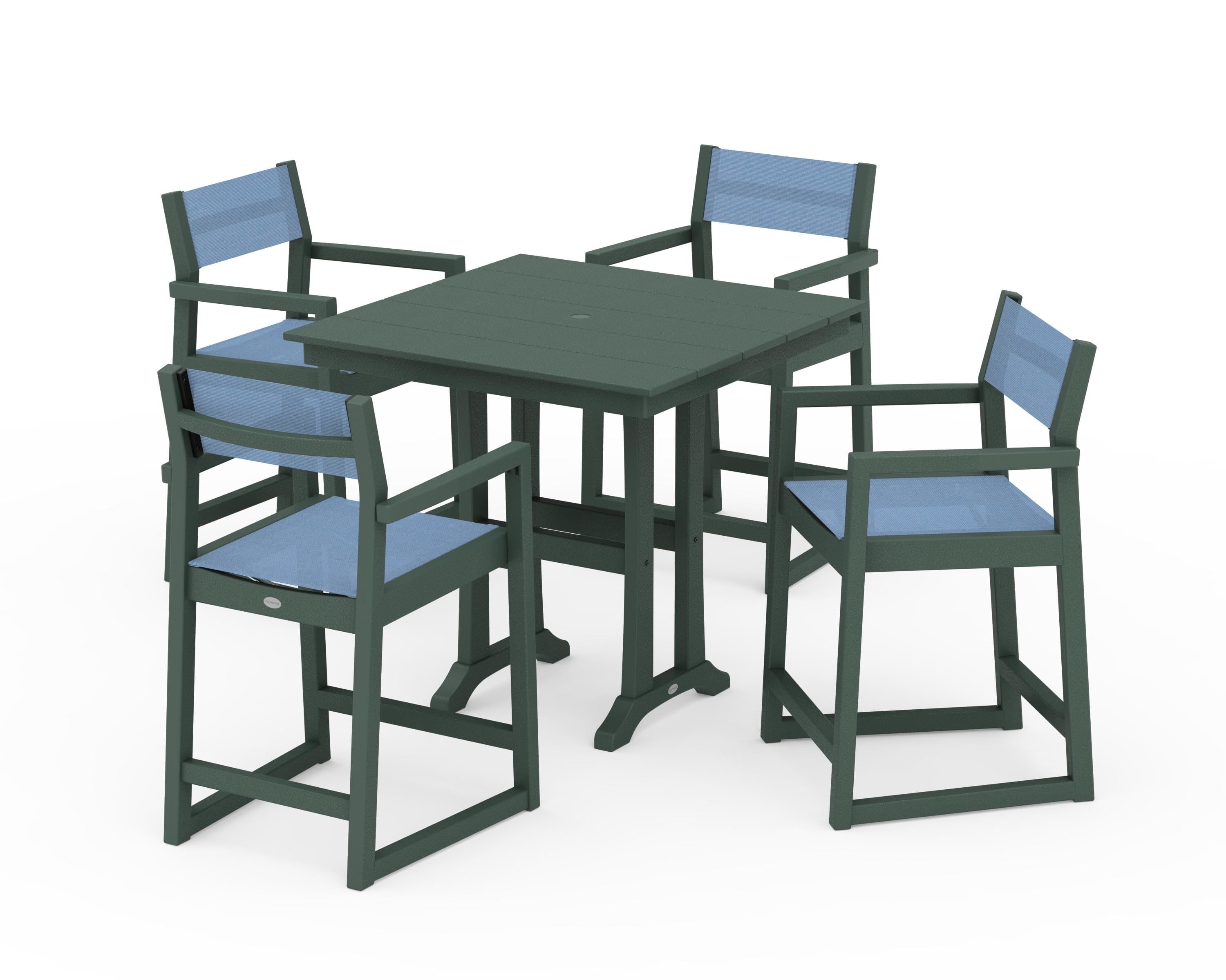 POLYWOOD EDGE Sling Arm Chair 5-Piece Farmhouse Counter Set with Trestle Legs in Green / Poolside Sling