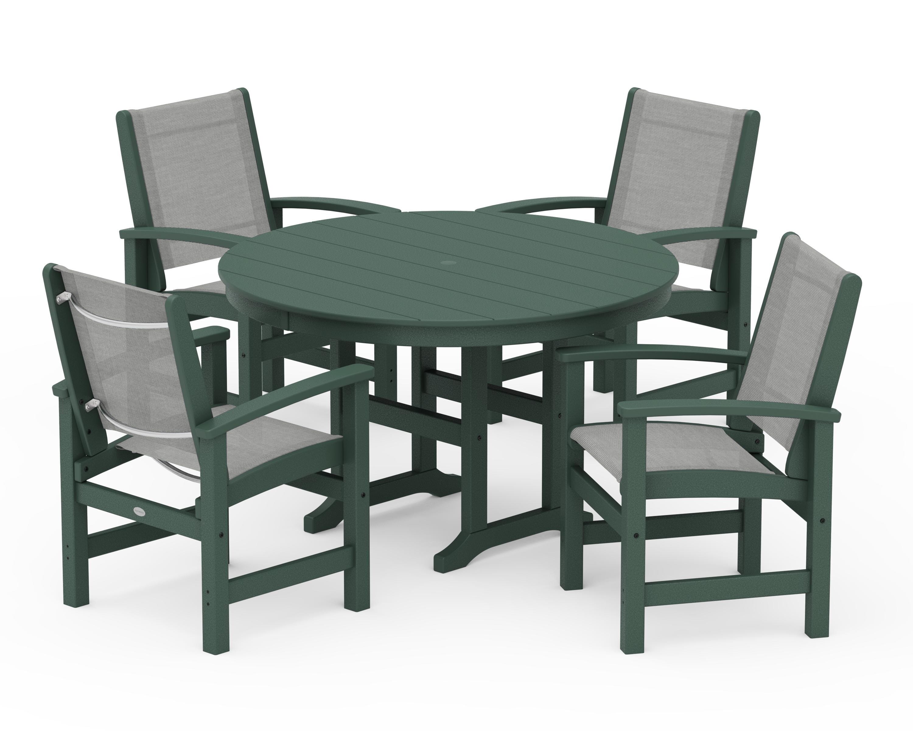 POLYWOOD Coastal 5-Piece Round Farmhouse Dining Set in Green / Metallic Sling