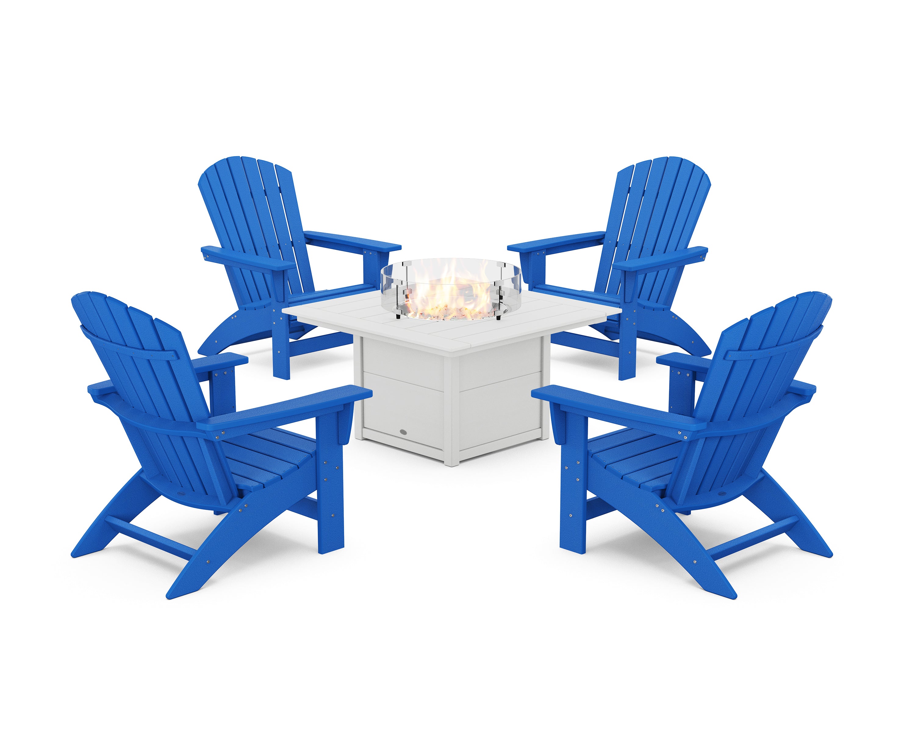 POLYWOOD 5-Piece Nautical Grand Adirondack Conversation Set with Fire Pit Table in Pacific Blue / White